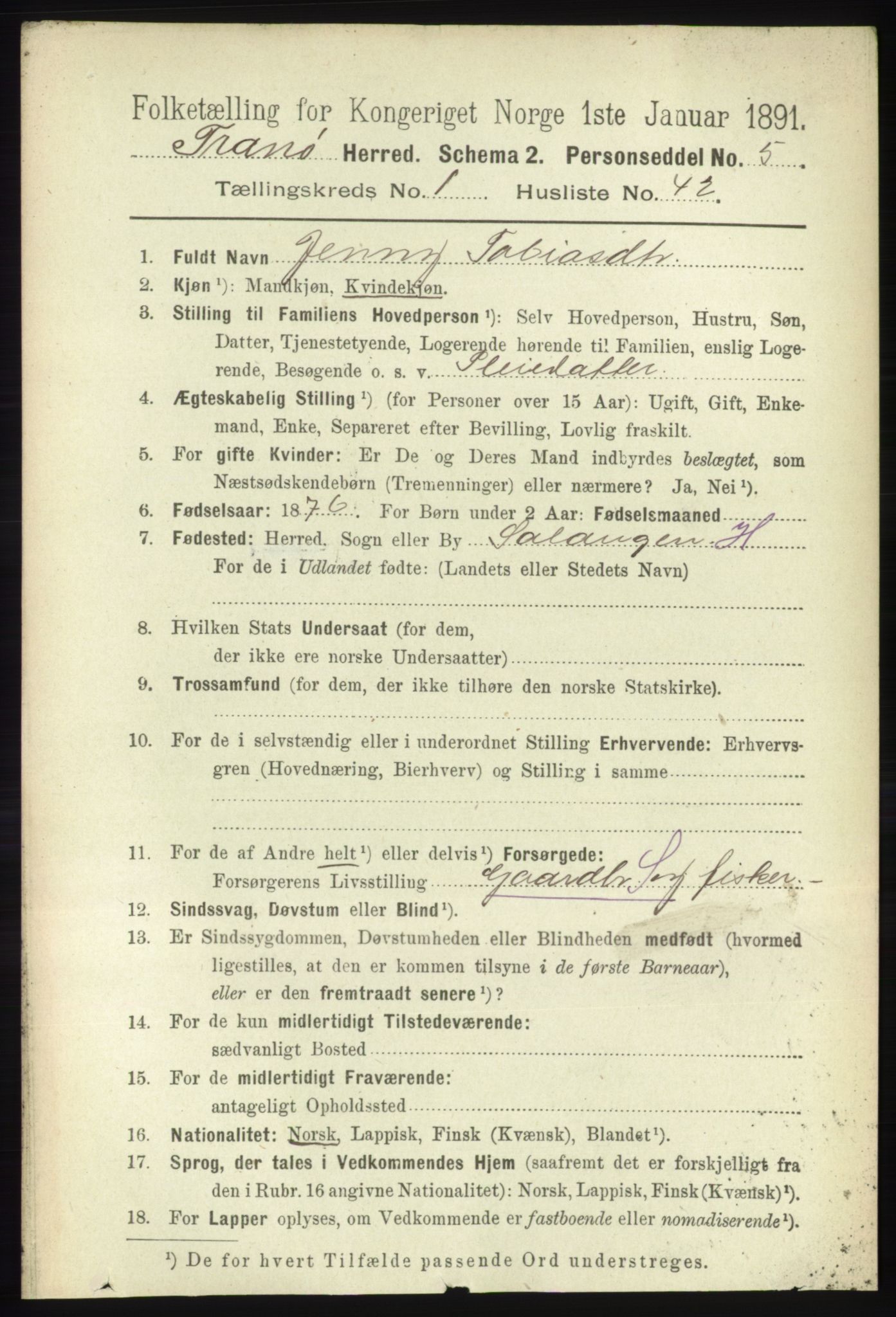 RA, 1891 census for 1927 Tranøy, 1891, p. 348