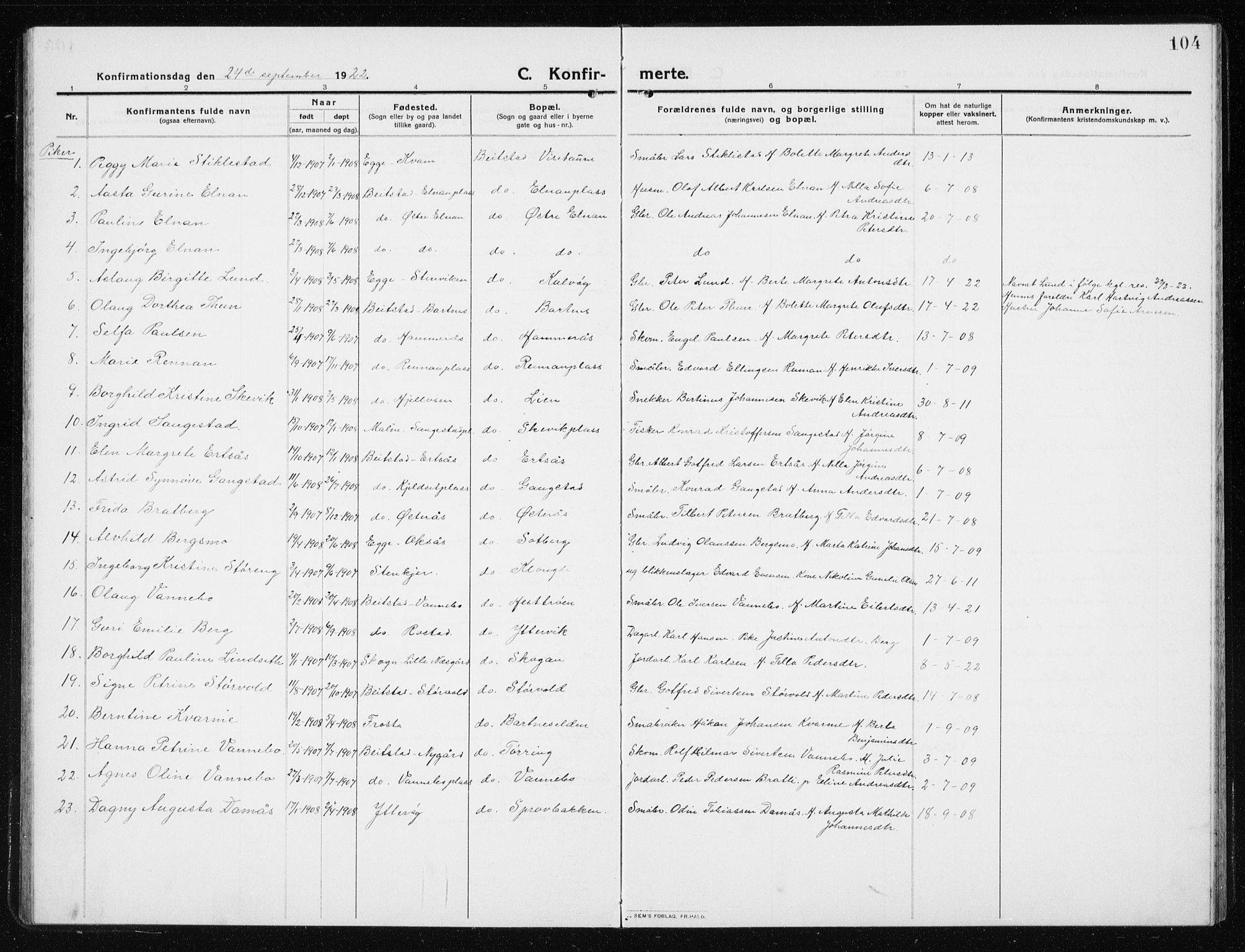 Ministerialprotokoller, klokkerbøker og fødselsregistre - Nord-Trøndelag, AV/SAT-A-1458/741/L0402: Parish register (copy) no. 741C03, 1911-1926, p. 104