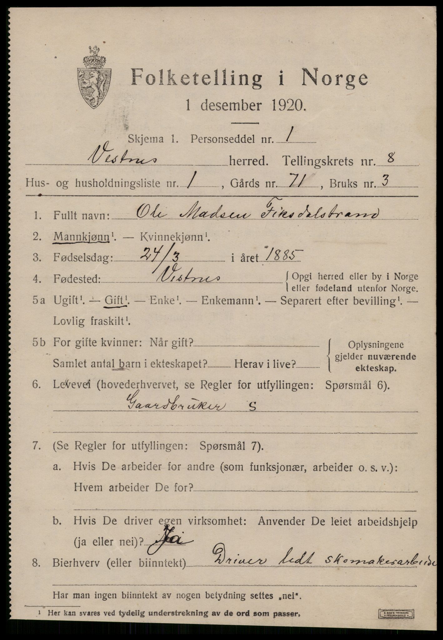 SAT, 1920 census for Vestnes, 1920, p. 5581