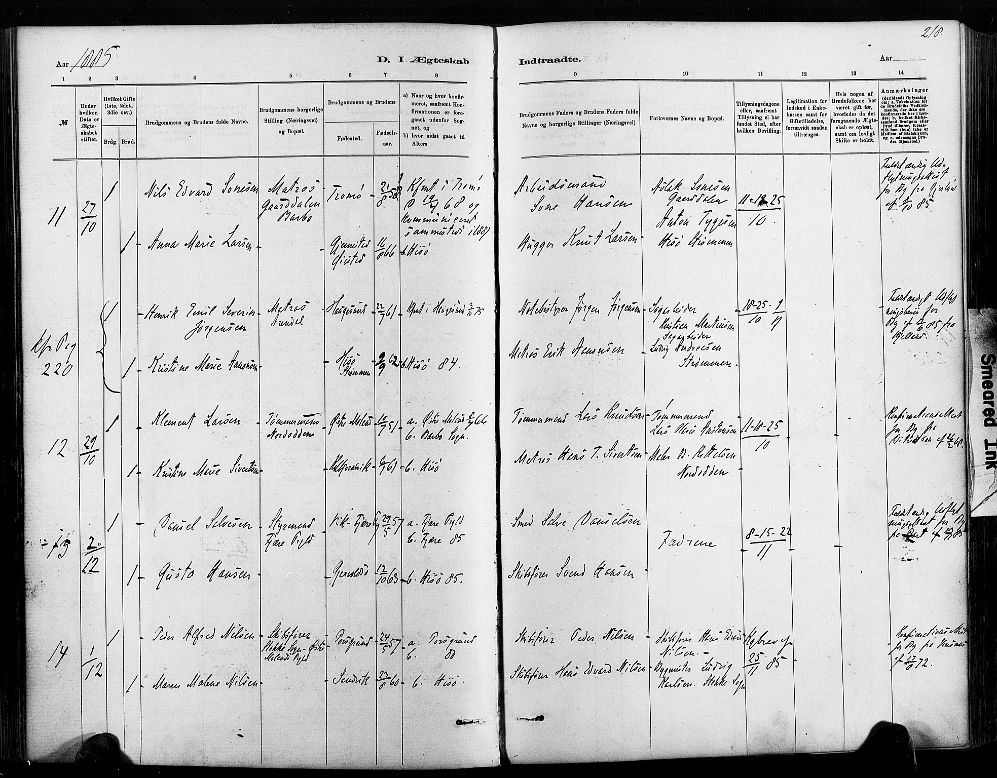 Hisøy sokneprestkontor, AV/SAK-1111-0020/F/Fa/L0003: Parish register (official) no. A 3, 1881-1894, p. 218