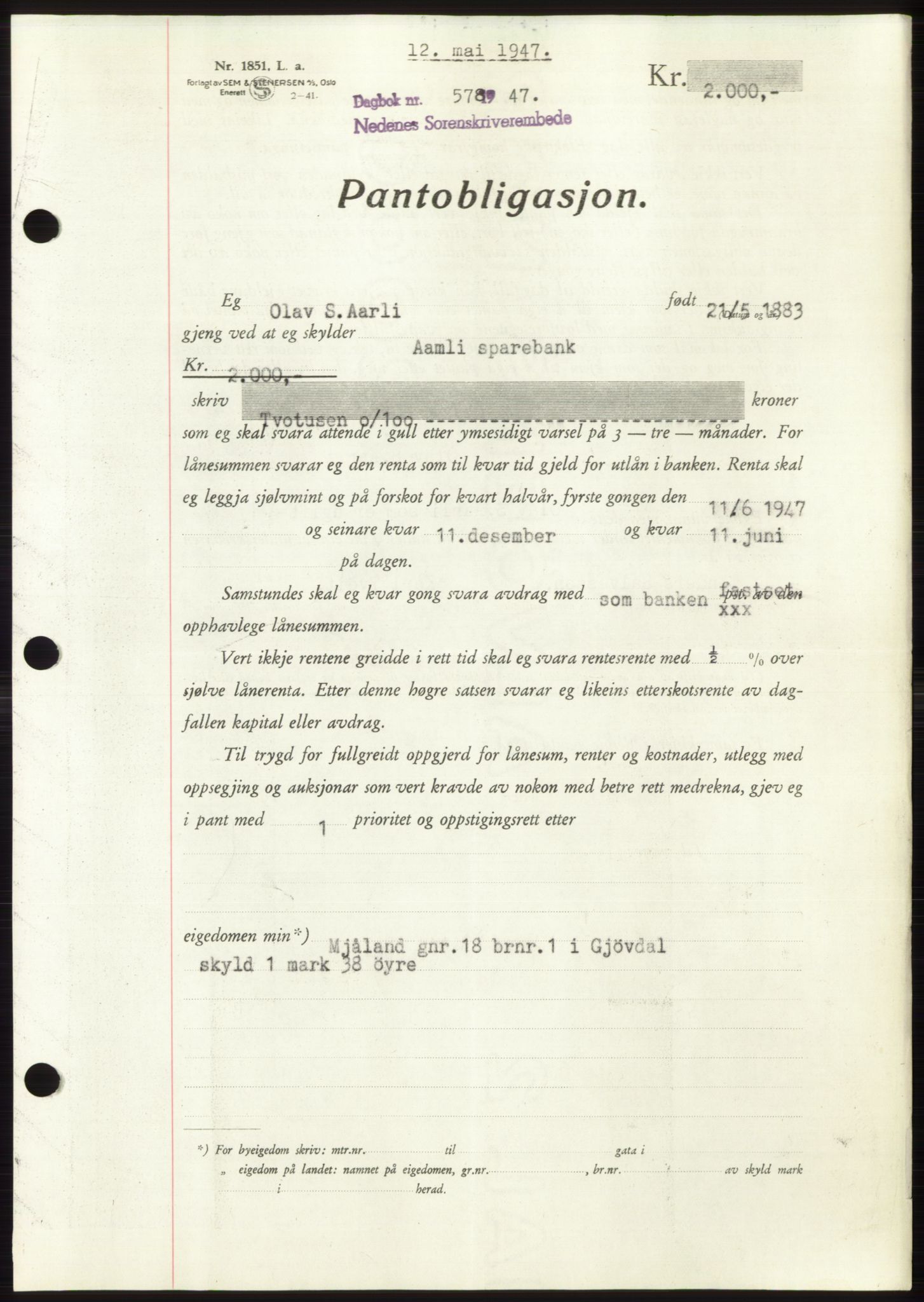 Nedenes sorenskriveri, AV/SAK-1221-0006/G/Gb/Gbb/L0004: Mortgage book no. B4, 1947-1947, Diary no: : 578/1947