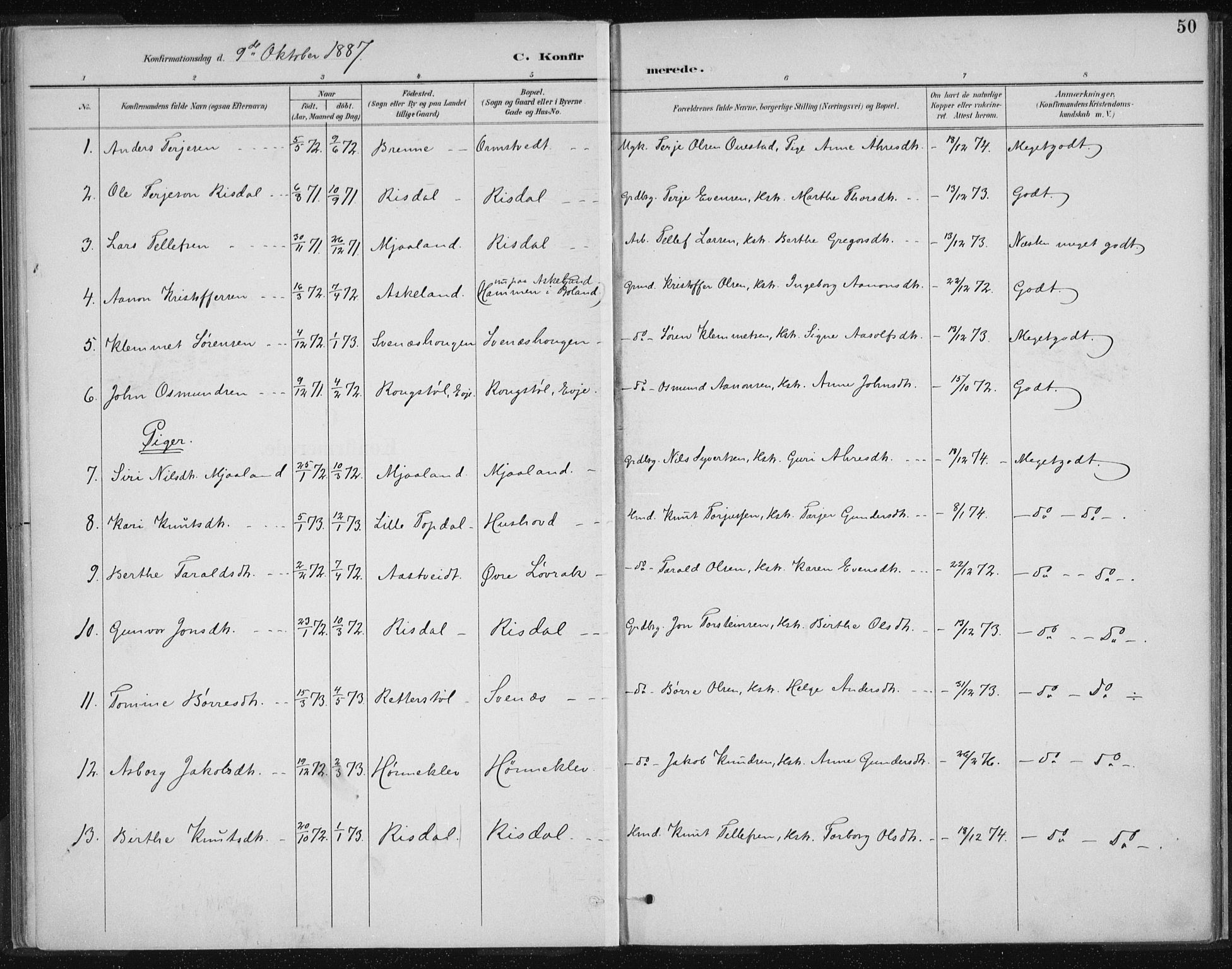 Herefoss sokneprestkontor, SAK/1111-0019/F/Fa/Fac/L0002: Parish register (official) no. A 2, 1887-1915, p. 50