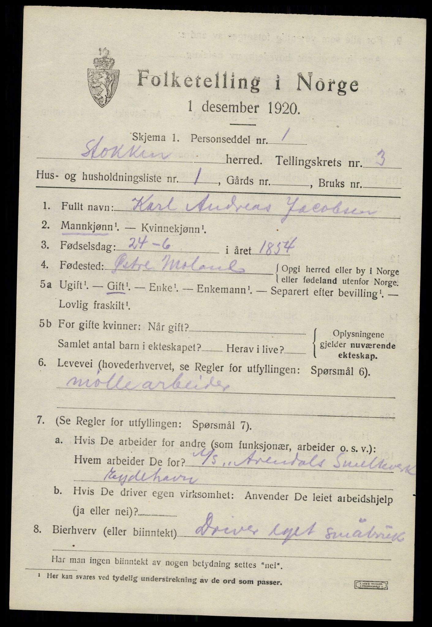 SAK, 1920 census for Stokken, 1920, p. 1964