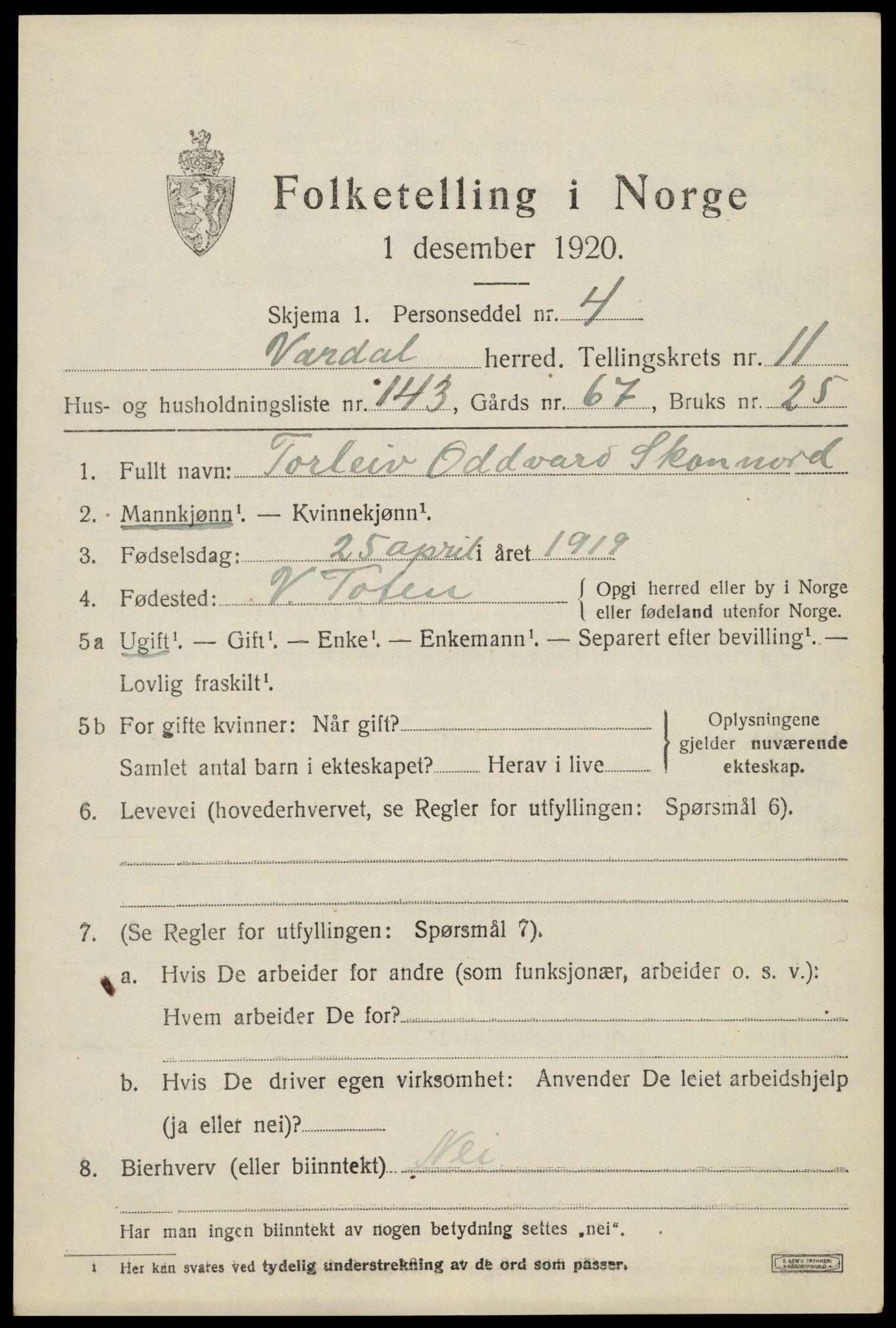 SAH, 1920 census for Vardal, 1920, p. 13077