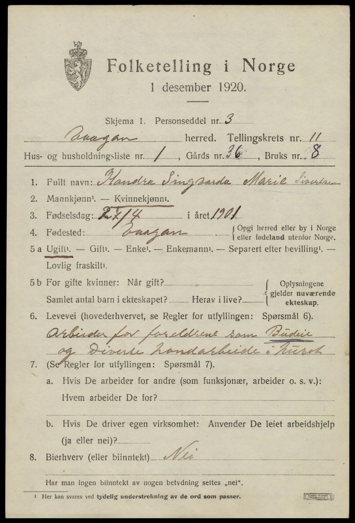 SAT, 1920 census for Vågan, 1920, p. 9509