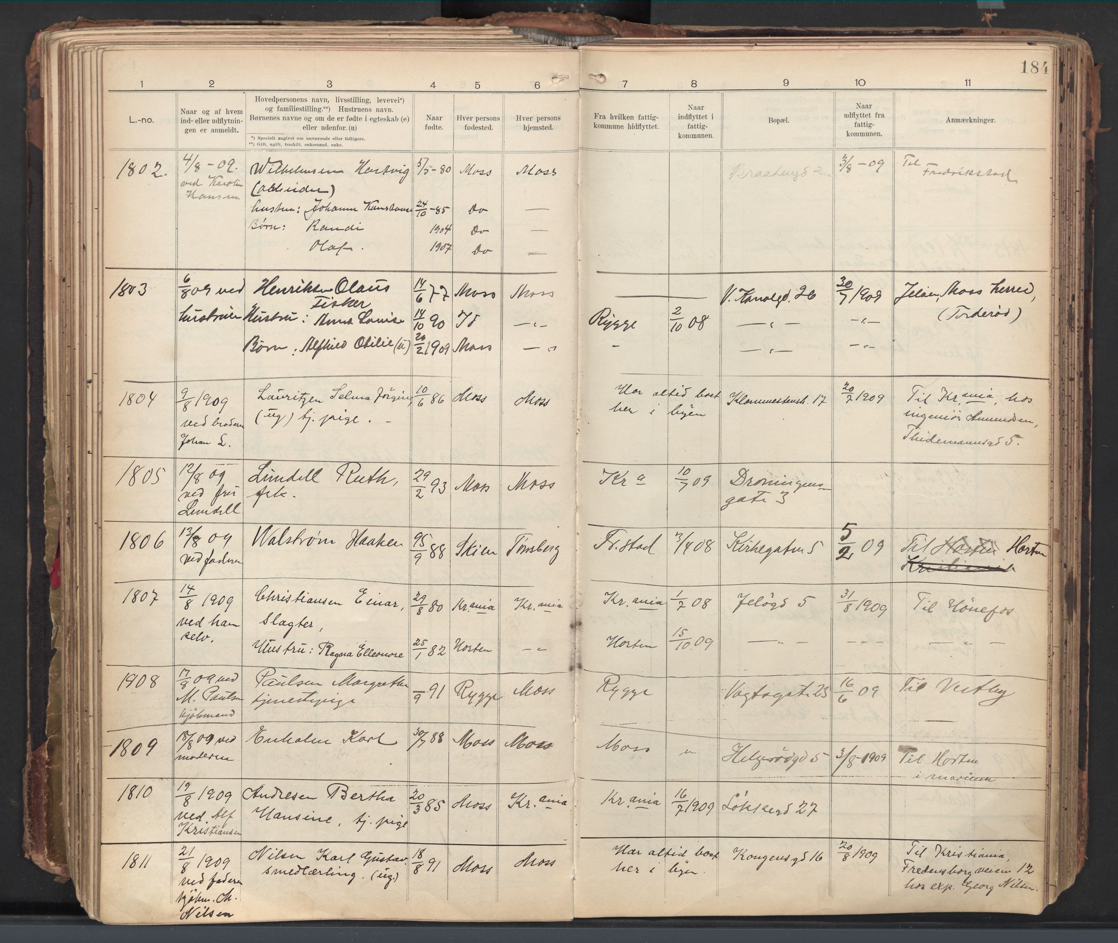 Moss folkeregister, AV/SAO-A-10020/J/L0002: Inn- og utflyttede i Moss fattigkommune, 1905-1913, p. 184