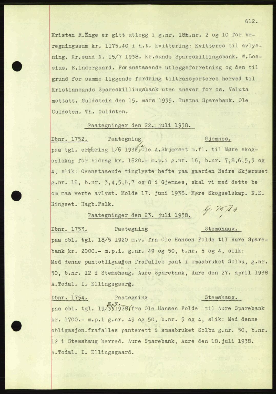 Nordmøre sorenskriveri, AV/SAT-A-4132/1/2/2Ca: Mortgage book no. C80, 1936-1939, Diary no: : 1752/1938