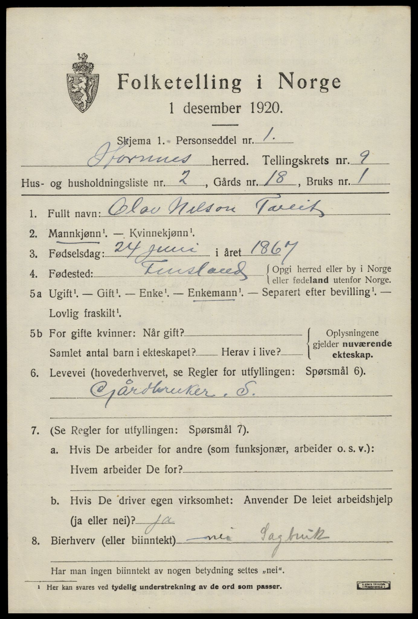 SAK, 1920 census for Hornnes, 1920, p. 2201