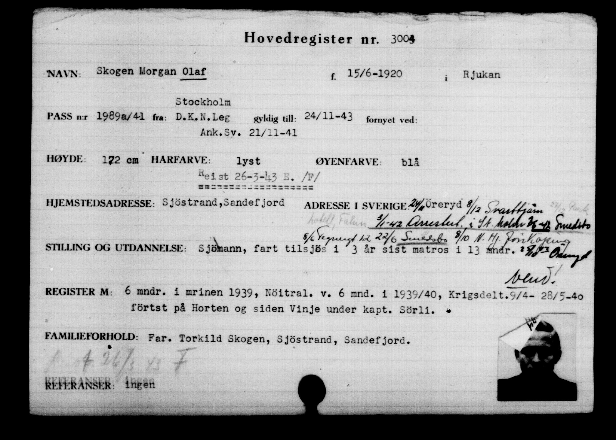 Utenriksstasjonene, Legasjonen i Stockholm, Flyktningkontoret, AV/RA-S-6753/V/Va/L0003: Kjesäterkartoteket, flyktninger med registreringsnr. 2001-3495, 1940-1945, p. 1424