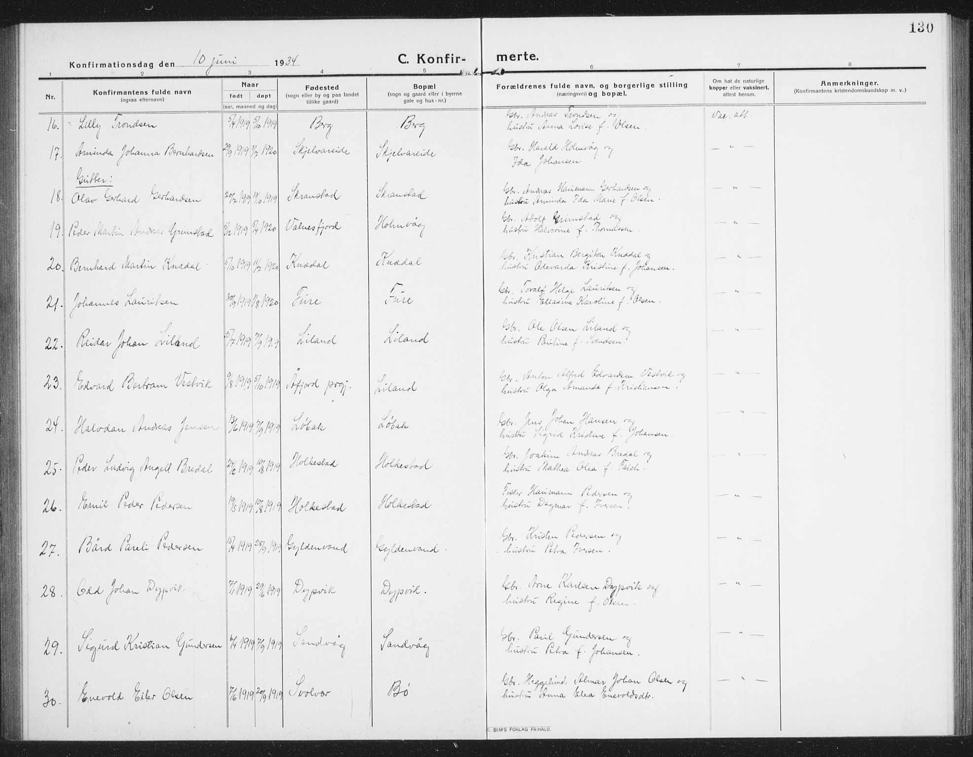 Ministerialprotokoller, klokkerbøker og fødselsregistre - Nordland, AV/SAT-A-1459/855/L0817: Parish register (copy) no. 855C06, 1917-1934, p. 130