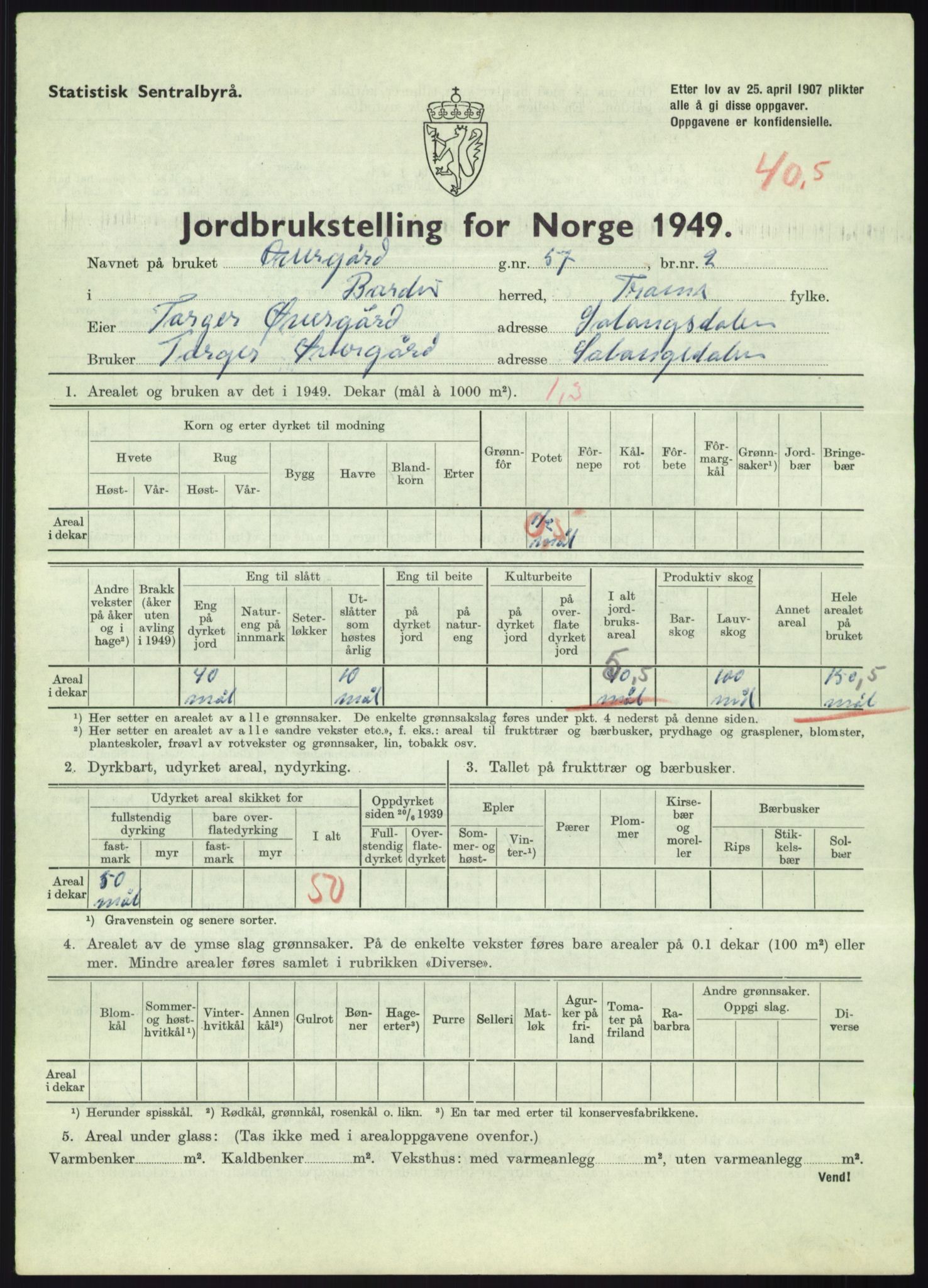 Statistisk sentralbyrå, Næringsøkonomiske emner, Jordbruk, skogbruk, jakt, fiske og fangst, AV/RA-S-2234/G/Gc/L0438: Troms: Salangen og Bardu, 1949, p. 1461