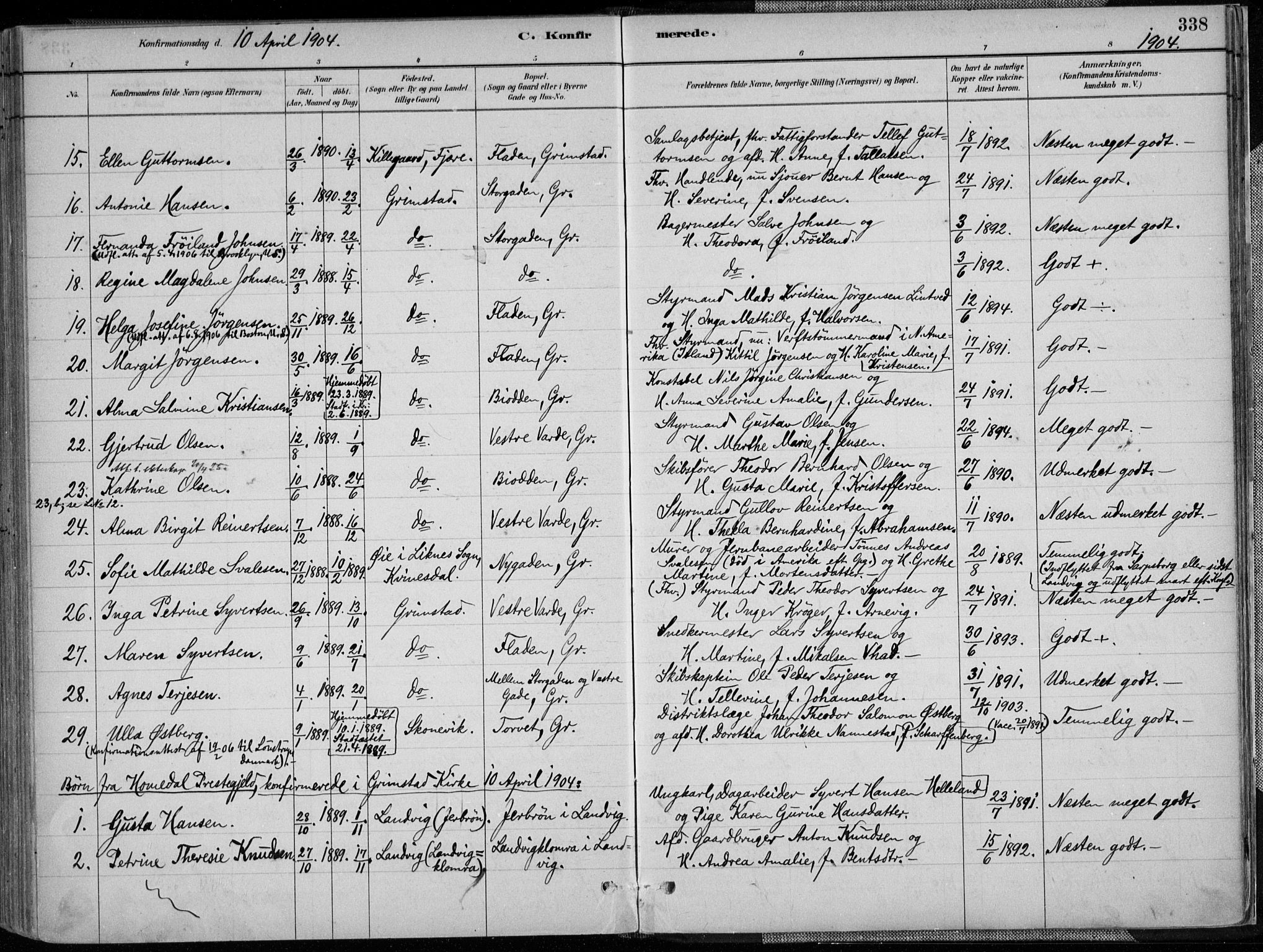 Grimstad sokneprestkontor, SAK/1111-0017/F/Fa/L0003: Parish register (official) no. A 2, 1882-1912, p. 338