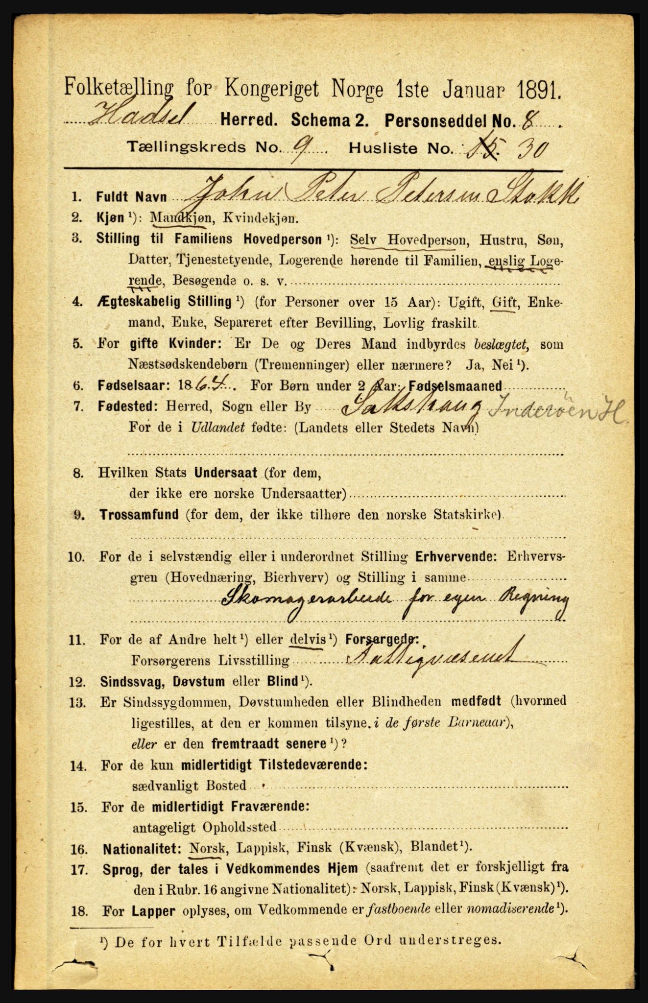 RA, 1891 census for 1866 Hadsel, 1891, p. 4127