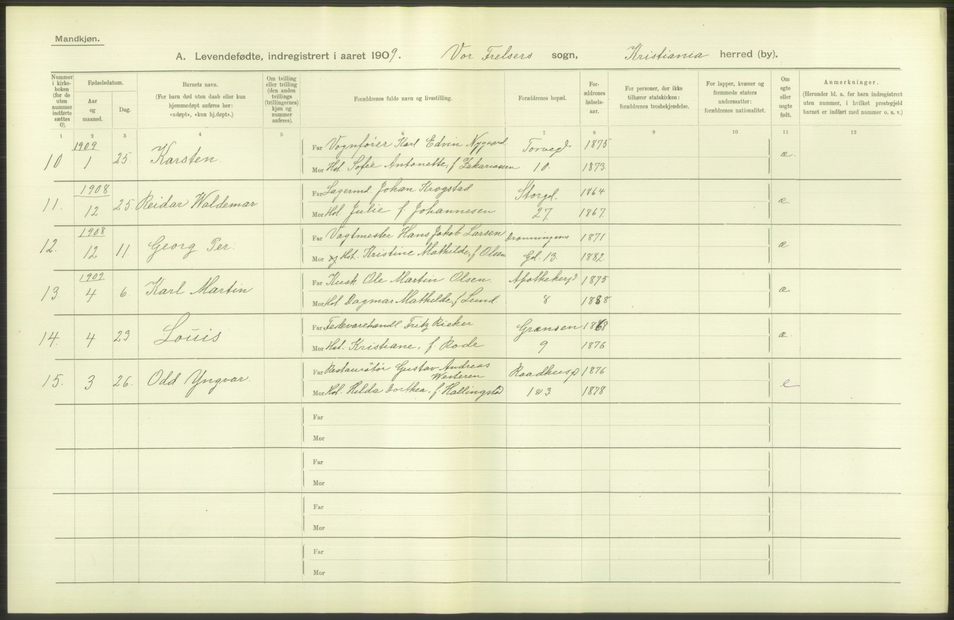 Statistisk sentralbyrå, Sosiodemografiske emner, Befolkning, AV/RA-S-2228/D/Df/Dfa/Dfag/L0007: Kristiania: Levendefødte menn og kvinner., 1909, p. 120