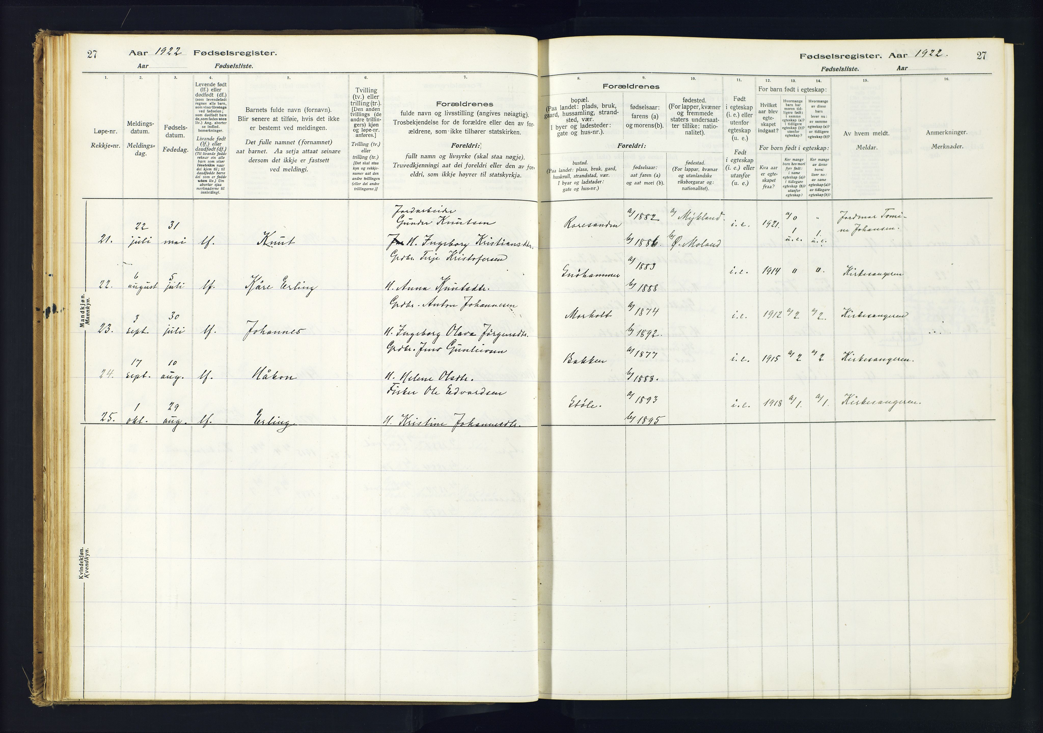 Hommedal sokneprestkontor, AV/SAK-1111-0023/J/Jd/L0001: Birth register no. 1, 1916-1962, p. 27