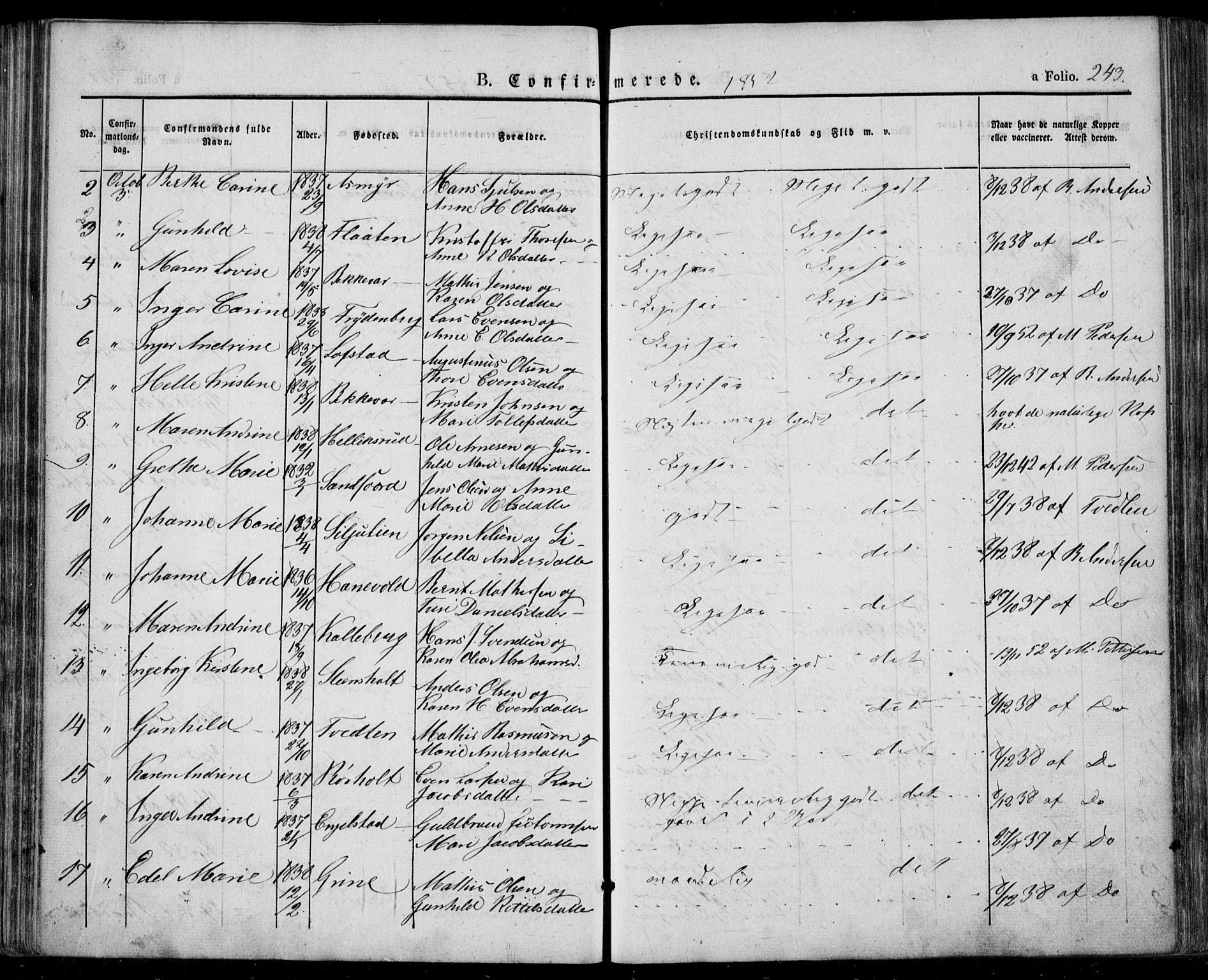 Lardal kirkebøker, AV/SAKO-A-350/F/Fa/L0006: Parish register (official) no. I 6, 1835-1860, p. 243