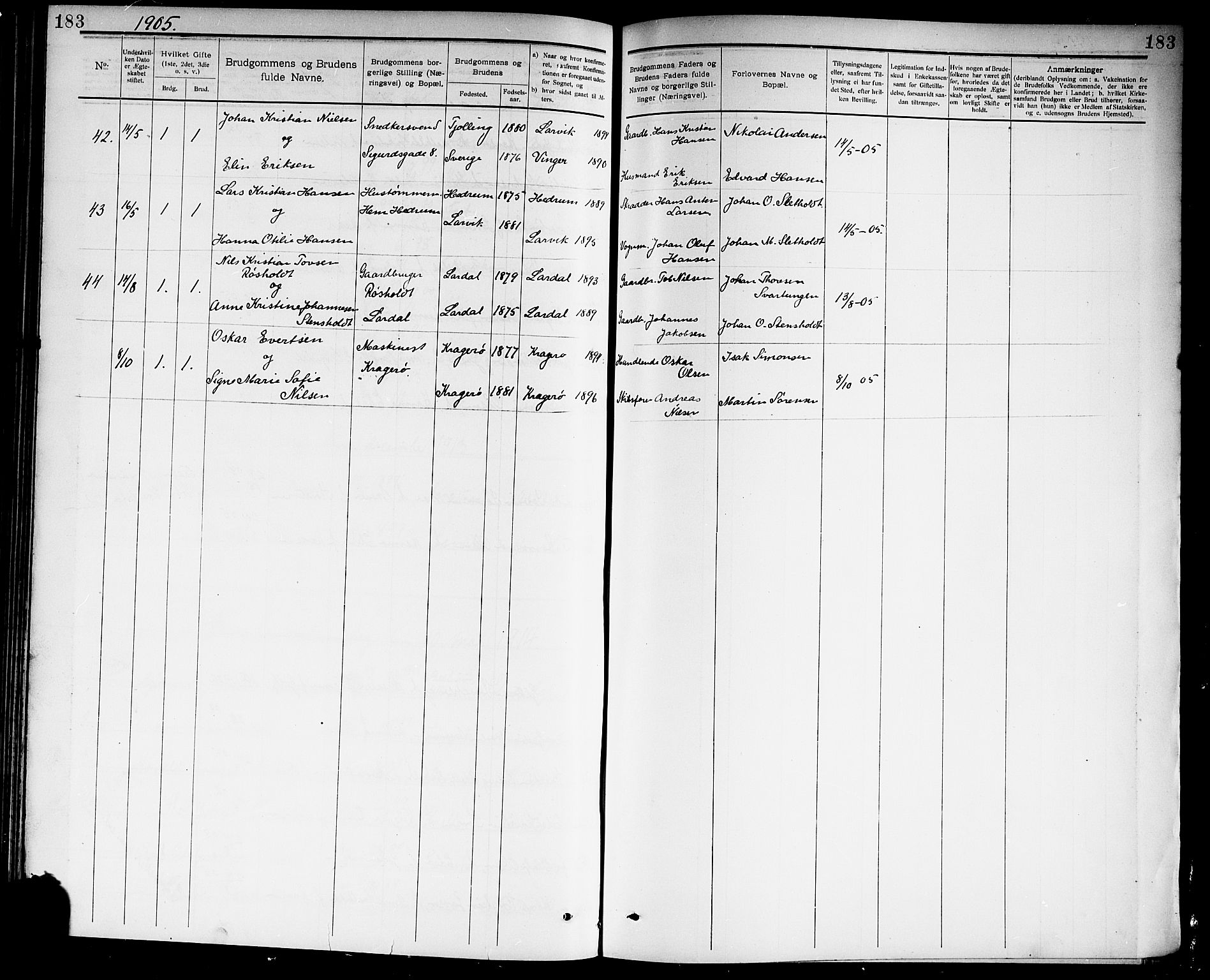Larvik kirkebøker, SAKO/A-352/G/Ga/L0006: Parish register (copy) no. I 6, 1888-1917, p. 183