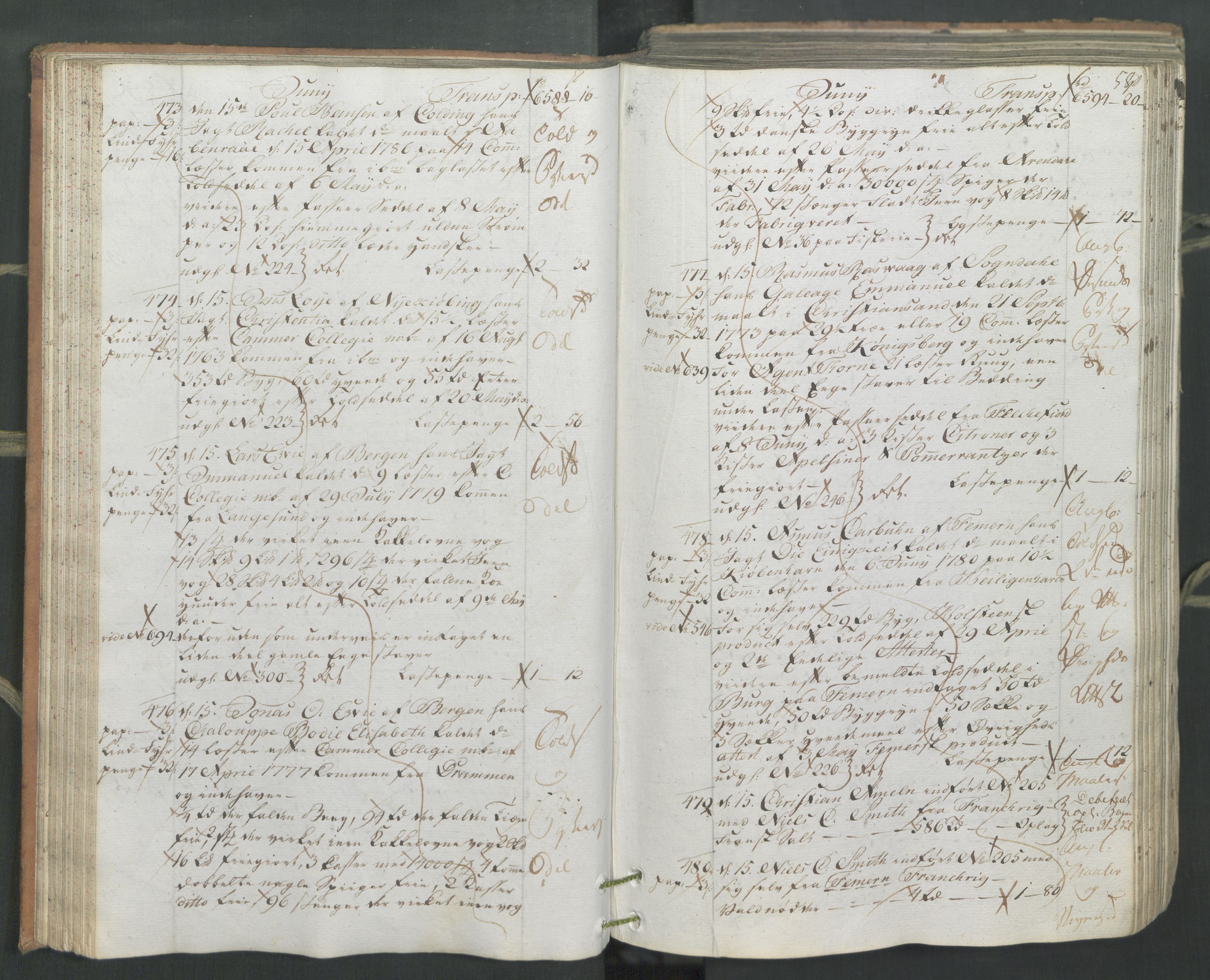 Generaltollkammeret, tollregnskaper, AV/RA-EA-5490/R26/L0222/0001: Tollregnskaper Bergen A / Inngående hovedtollbok, 1786, p. 57b-58a