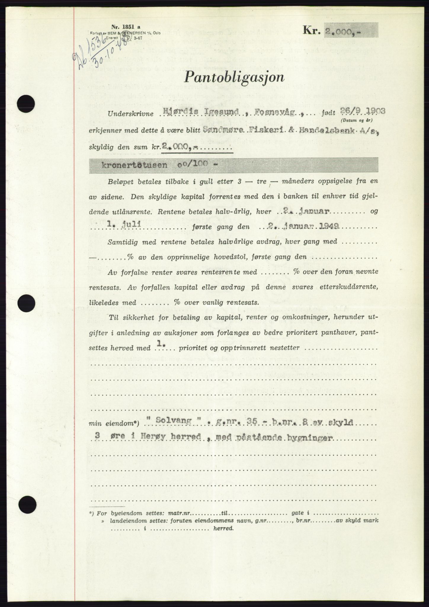 Søre Sunnmøre sorenskriveri, AV/SAT-A-4122/1/2/2C/L0116: Mortgage book no. 4B, 1948-1949, Diary no: : 1536/1948