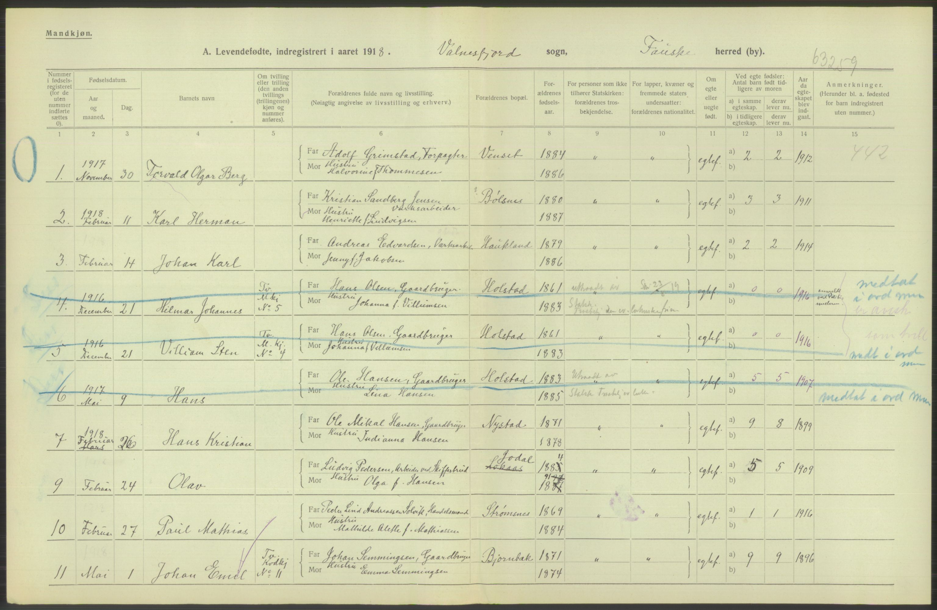 Statistisk sentralbyrå, Sosiodemografiske emner, Befolkning, RA/S-2228/D/Df/Dfb/Dfbh/L0052: Nordland fylke: Levendefødte menn og kvinner. Bygder., 1918, p. 508