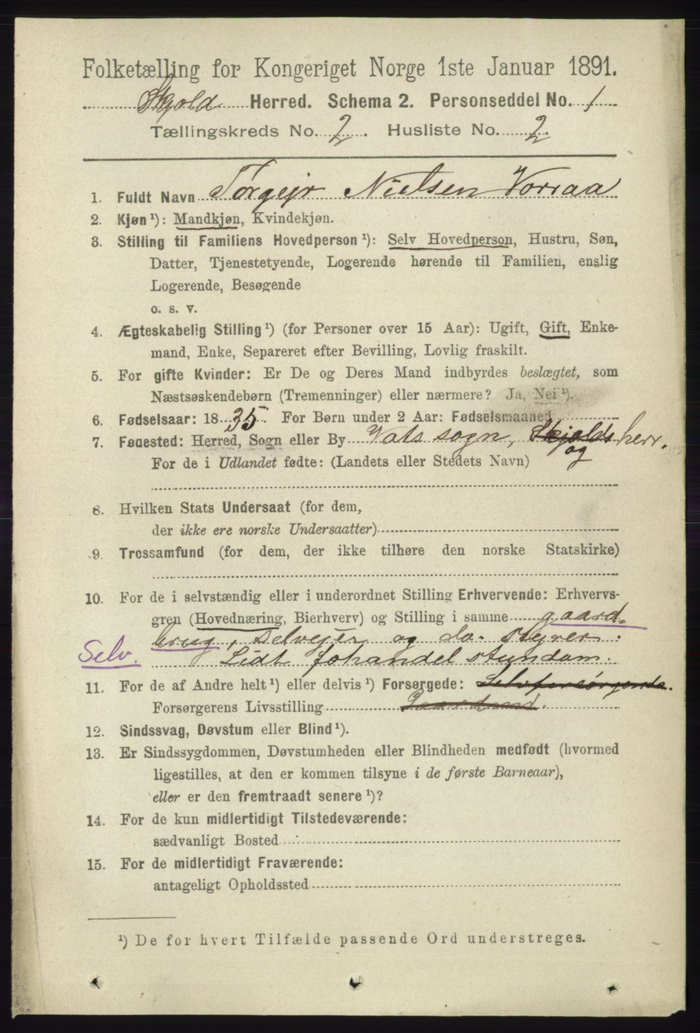 RA, 1891 census for 1154 Skjold, 1891, p. 287