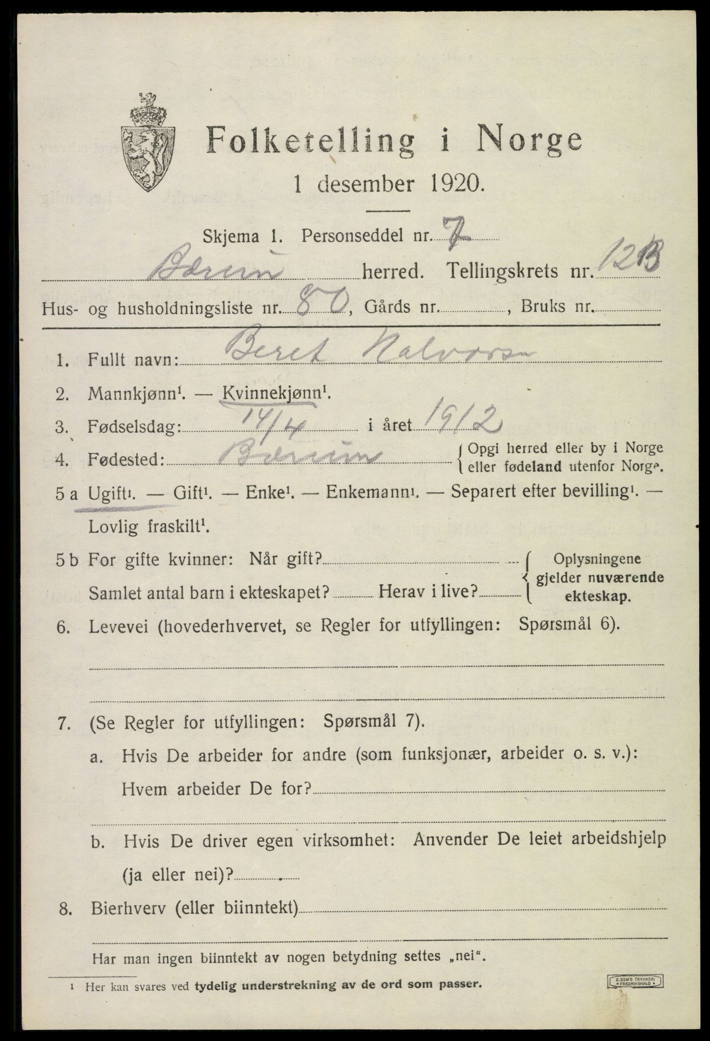 SAO, 1920 census for Bærum, 1920, p. 28764