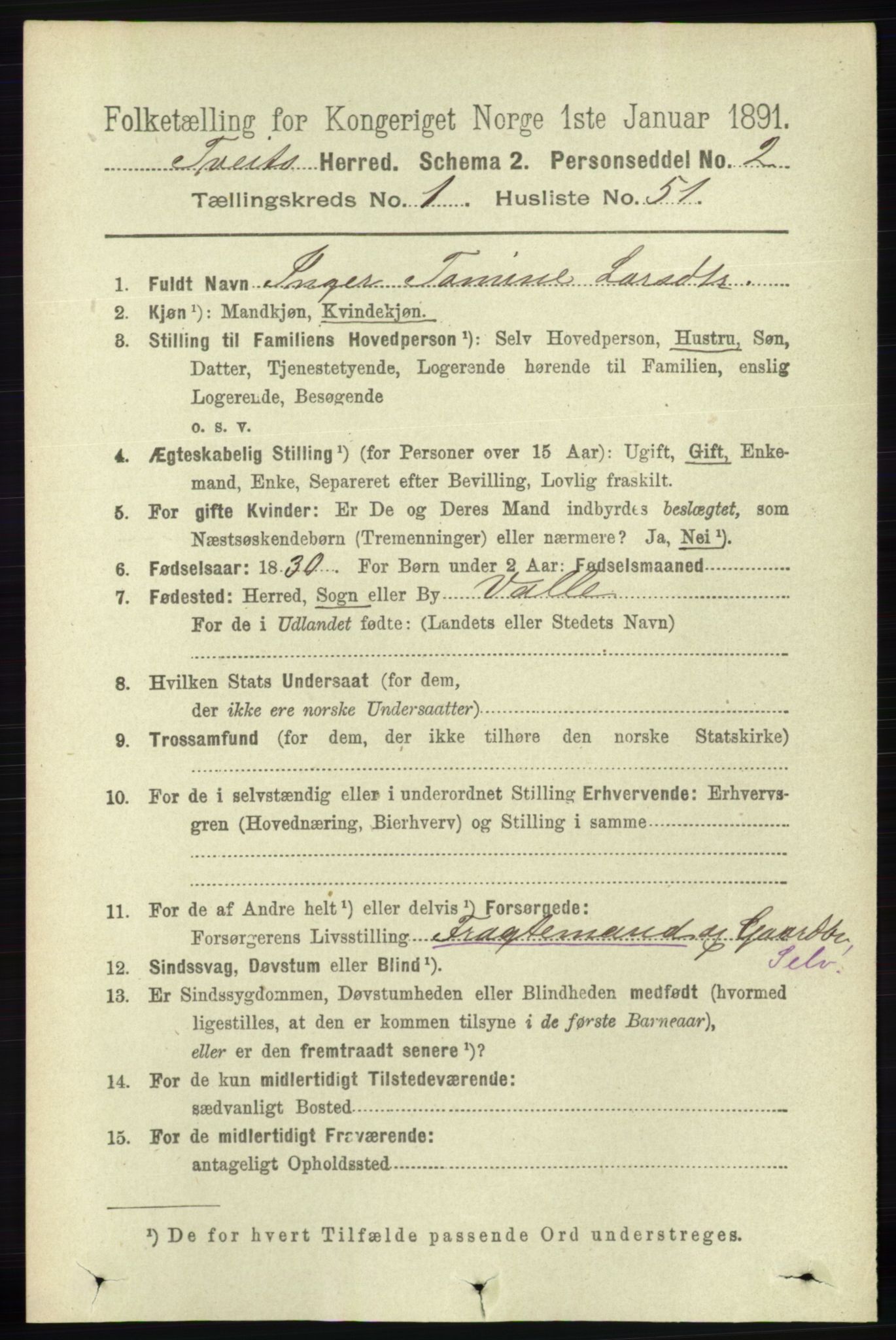 RA, 1891 census for 1013 Tveit, 1891, p. 330