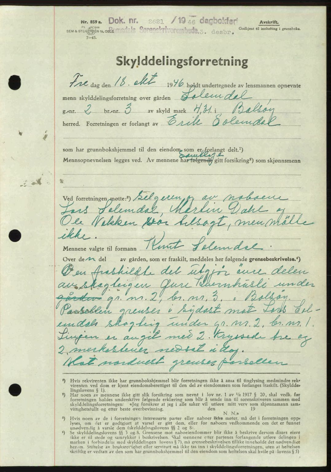 Romsdal sorenskriveri, AV/SAT-A-4149/1/2/2C: Mortgage book no. A21, 1946-1946, Diary no: : 2621/1946