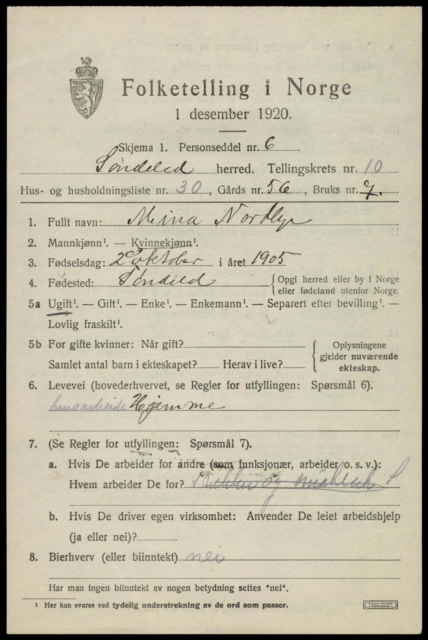 SAK, 1920 census for Søndeled, 1920, p. 5305