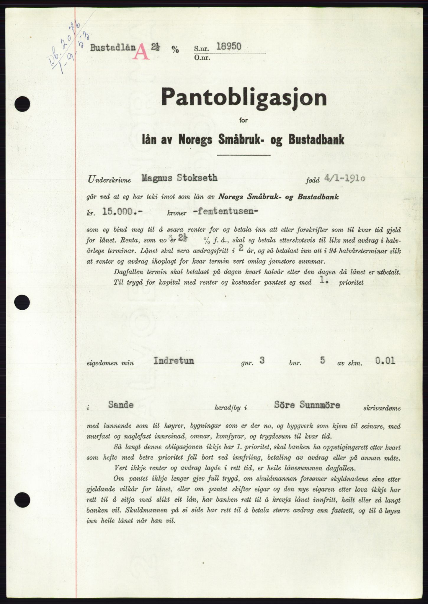 Søre Sunnmøre sorenskriveri, AV/SAT-A-4122/1/2/2C/L0123: Mortgage book no. 11B, 1953-1953, Diary no: : 2076/1953