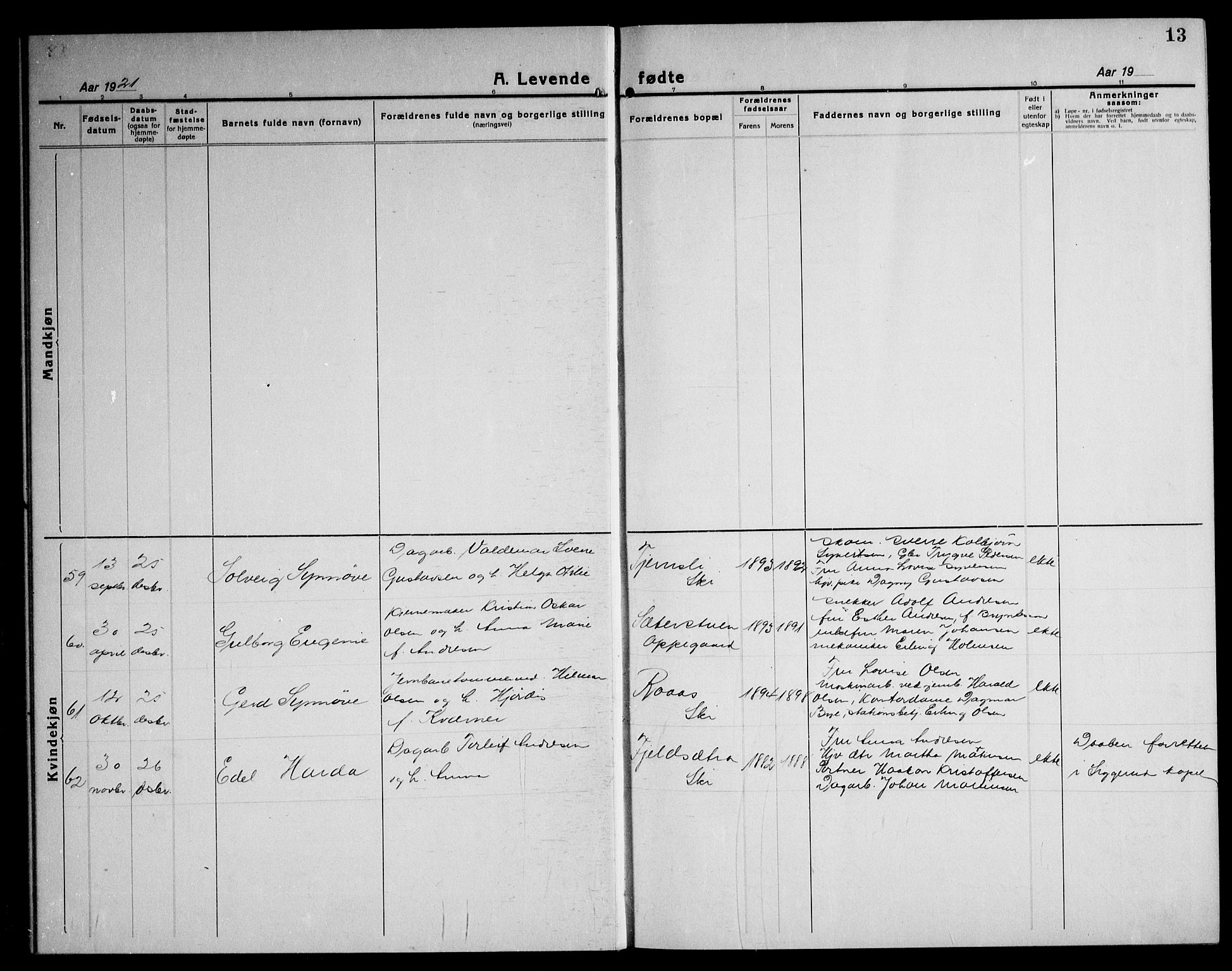 Kråkstad prestekontor Kirkebøker, AV/SAO-A-10125a/G/Gb/L0002: Parish register (copy) no. II 2, 1921-1941, p. 13