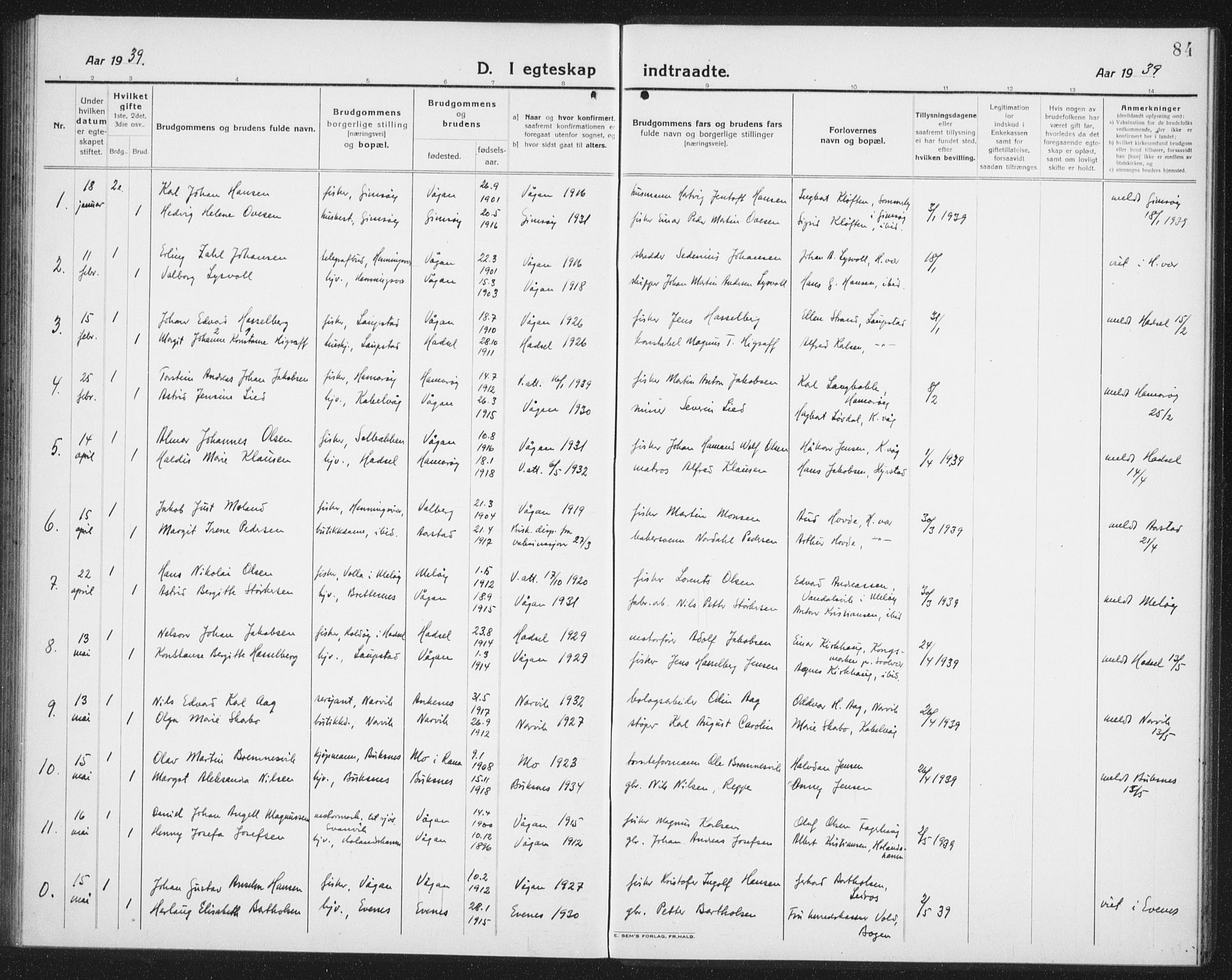 Ministerialprotokoller, klokkerbøker og fødselsregistre - Nordland, SAT/A-1459/874/L1082: Parish register (copy) no. 874C11, 1920-1939, p. 84