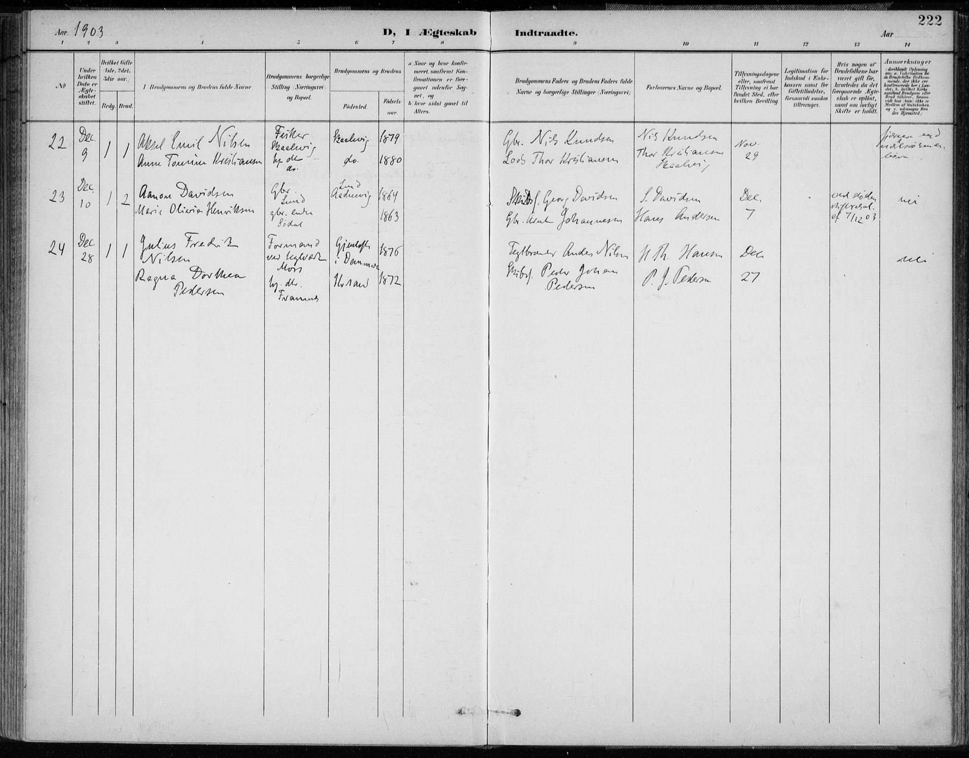 Oddernes sokneprestkontor, SAK/1111-0033/F/Fa/Faa/L0010: Parish register (official) no. A 10, 1897-1911, p. 222