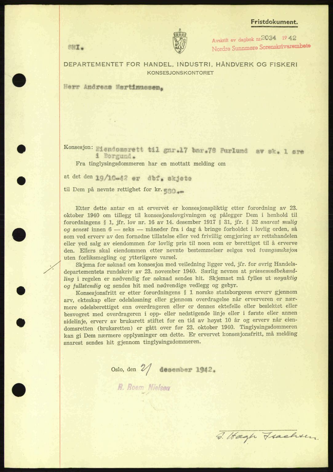 Nordre Sunnmøre sorenskriveri, SAT/A-0006/1/2/2C/2Ca: Mortgage book no. B6-14 a, 1942-1945, Diary no: : 2034/1942