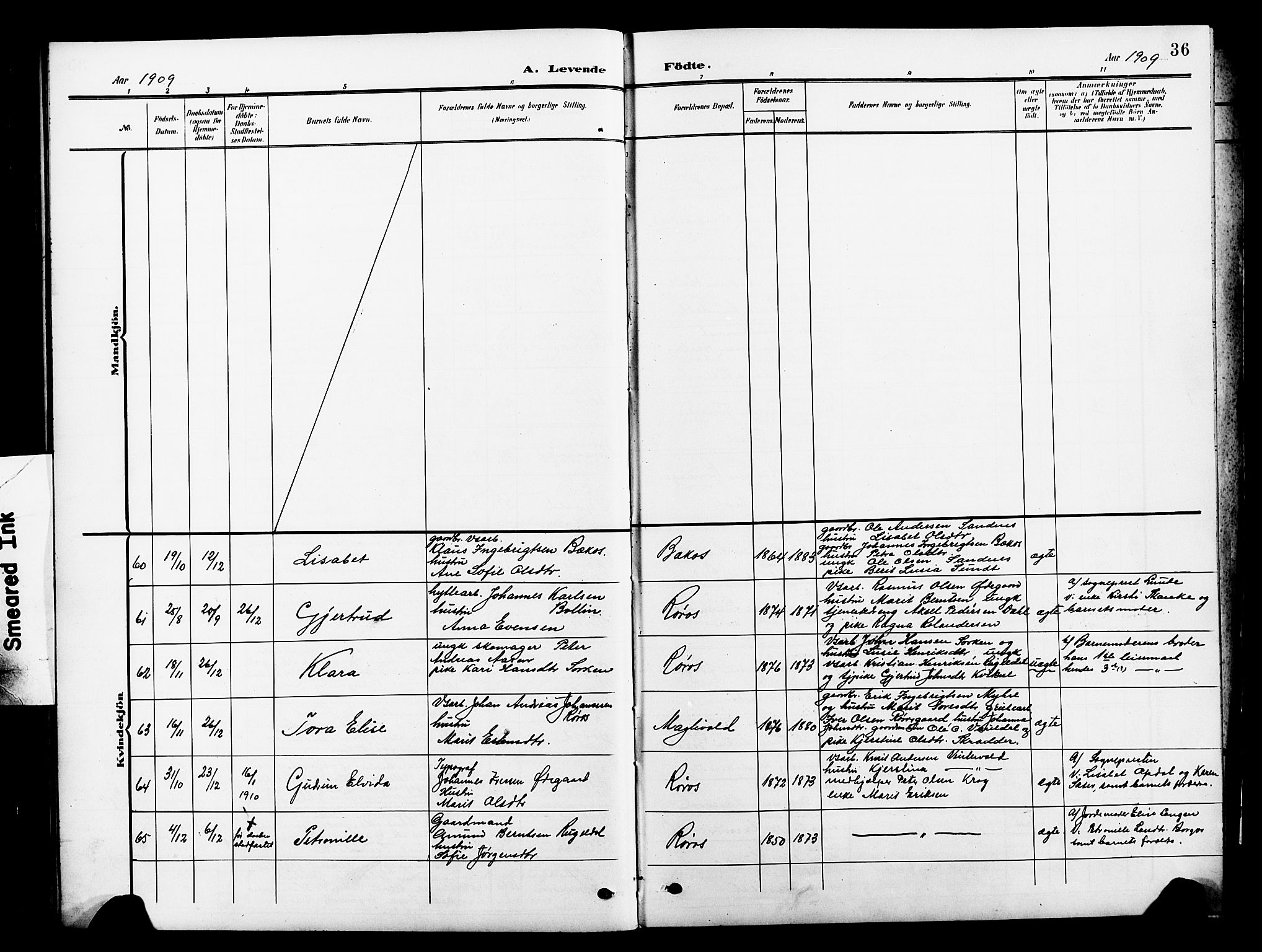 Ministerialprotokoller, klokkerbøker og fødselsregistre - Sør-Trøndelag, SAT/A-1456/681/L0942: Parish register (copy) no. 681C06, 1906-1925, p. 36
