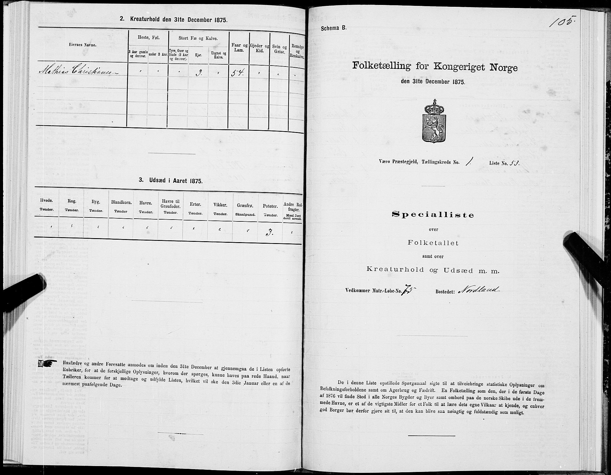 SAT, 1875 census for 1857P Værøy, 1875, p. 1105