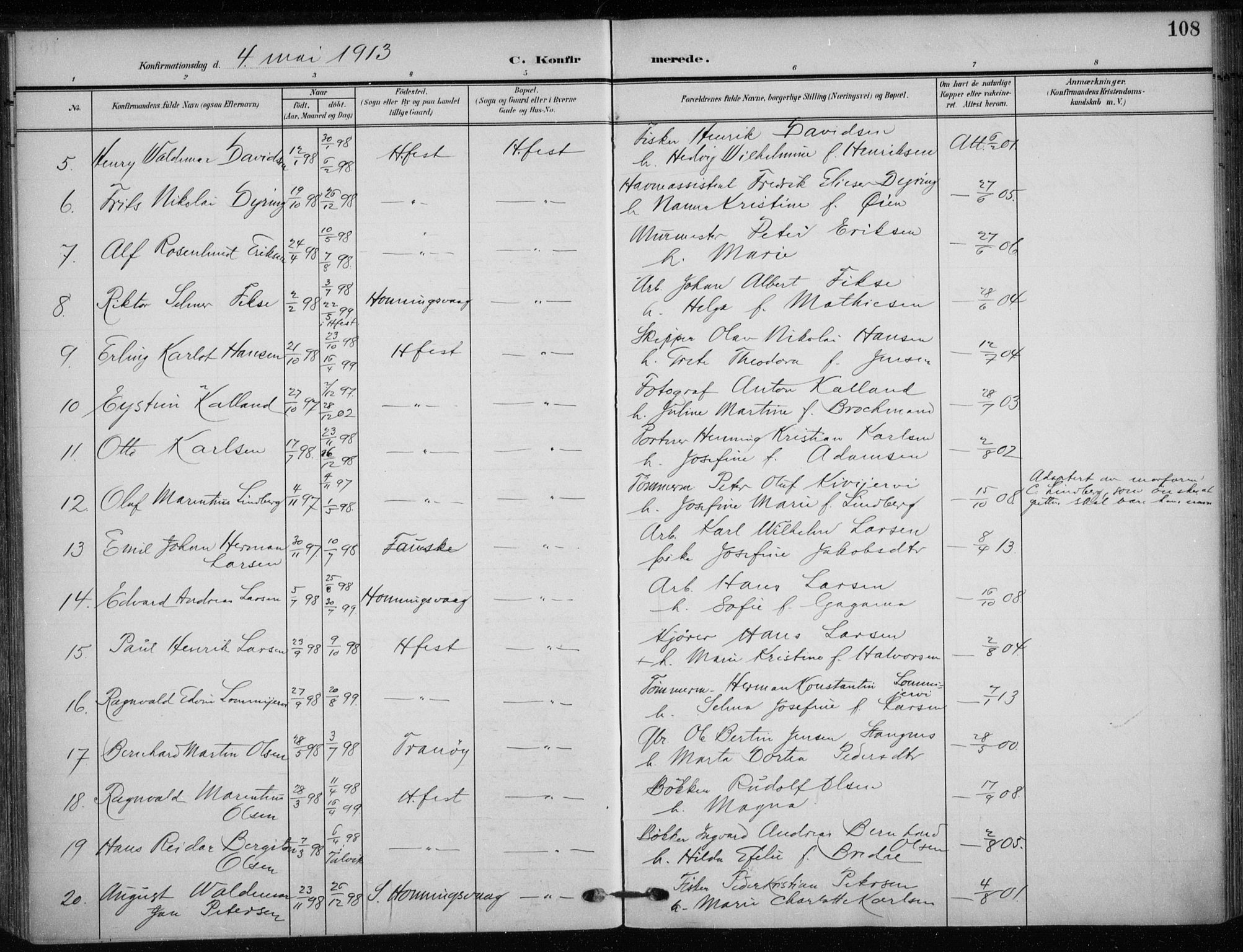 Hammerfest sokneprestkontor, SATØ/S-1347/H/Ha/L0014.kirke: Parish register (official) no. 14, 1906-1916, p. 108