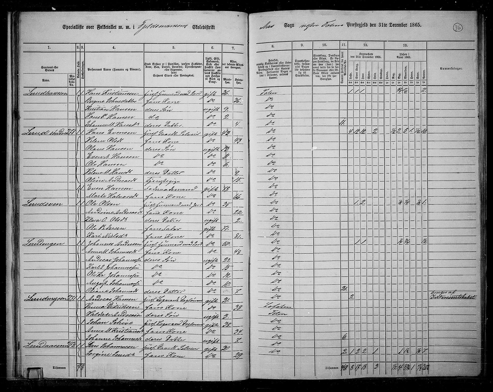 RA, 1865 census for Vestre Toten, 1865, p. 37