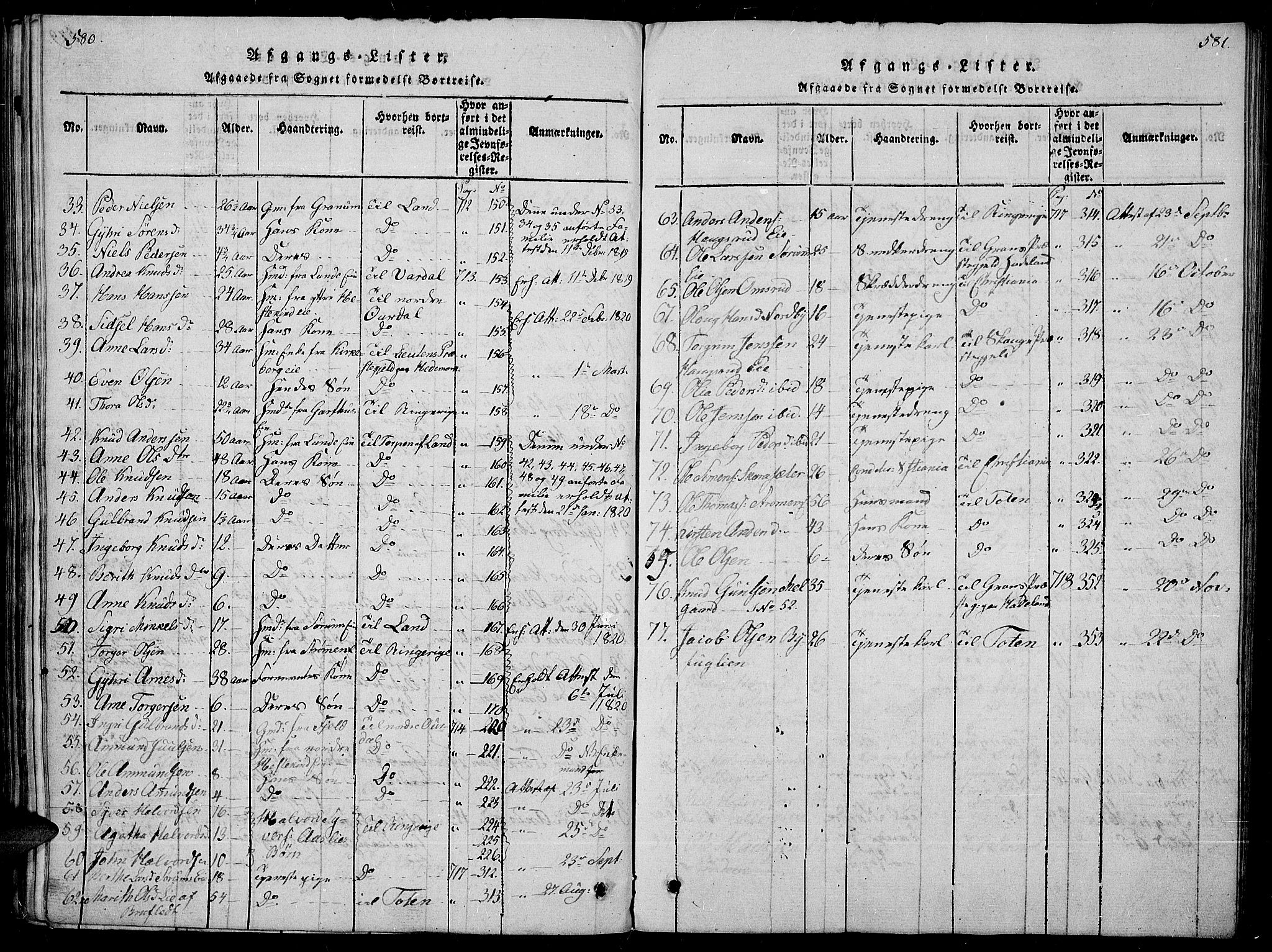 Sør-Aurdal prestekontor, SAH/PREST-128/H/Ha/Haa/L0002: Parish register (official) no. 2, 1815-1840, p. 580-581