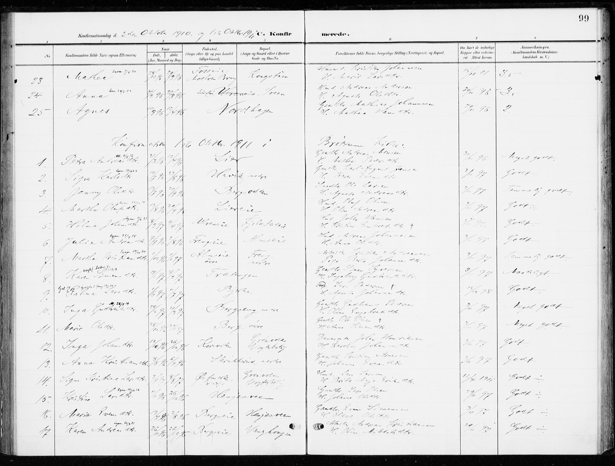 Ringsaker prestekontor, SAH/PREST-014/K/Ka/L0021: Parish register (official) no. 21, 1905-1920, p. 99
