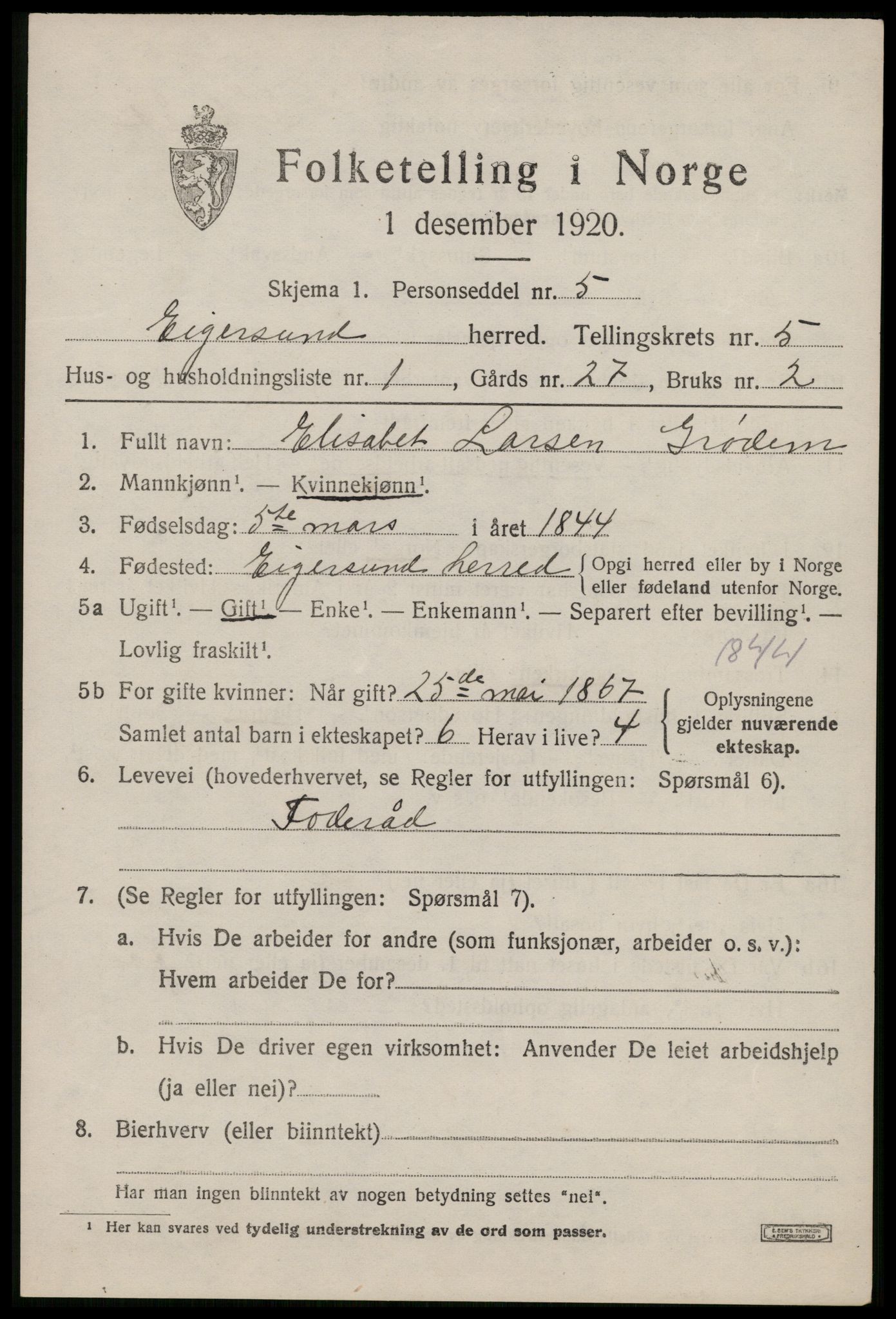 SAST, 1920 census for Eigersund, 1920, p. 3605