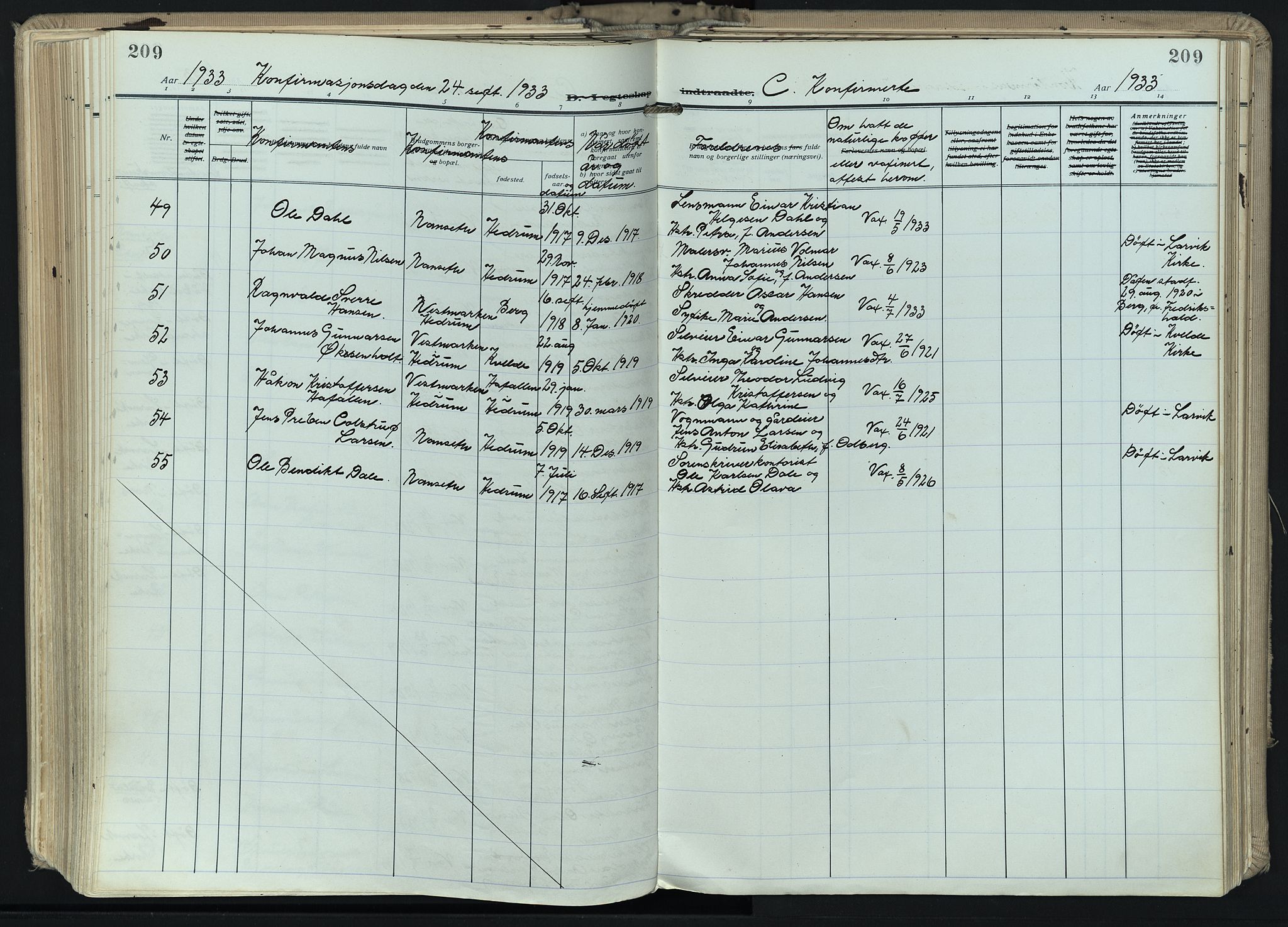 Hedrum kirkebøker, SAKO/A-344/F/Fa/L0011: Parish register (official) no. I 11, 1919-1933, p. 209