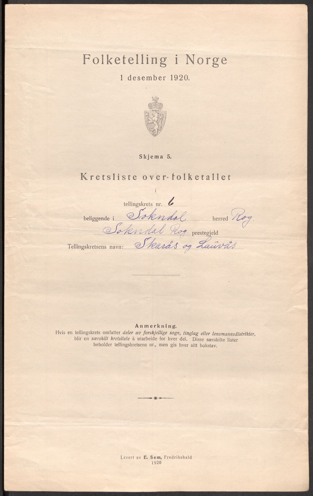 SAST, 1920 census for Sokndal, 1920, p. 33