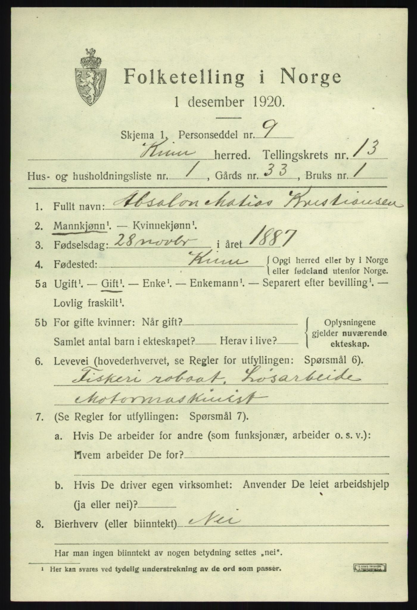 SAB, 1920 census for Kinn, 1920, p. 4689
