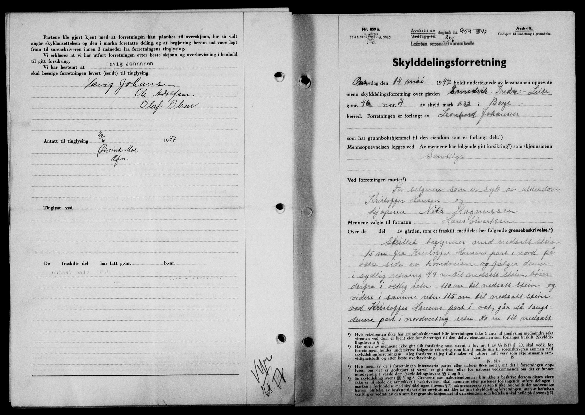 Lofoten sorenskriveri, SAT/A-0017/1/2/2C/L0016a: Mortgage book no. 16a, 1947-1947, Diary no: : 959/1947