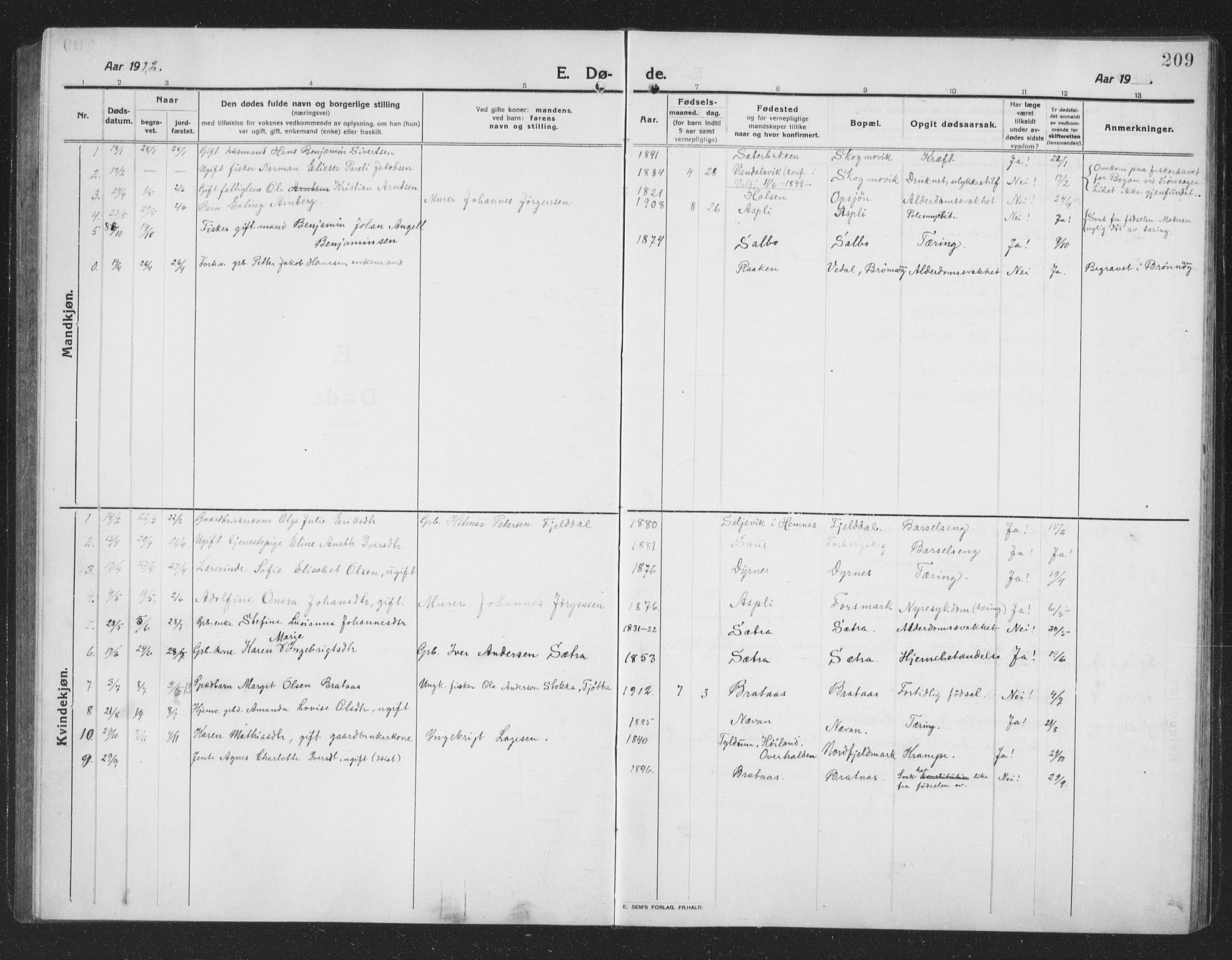 Ministerialprotokoller, klokkerbøker og fødselsregistre - Nordland, AV/SAT-A-1459/814/L0231: Parish register (copy) no. 814C04, 1912-1926, p. 209