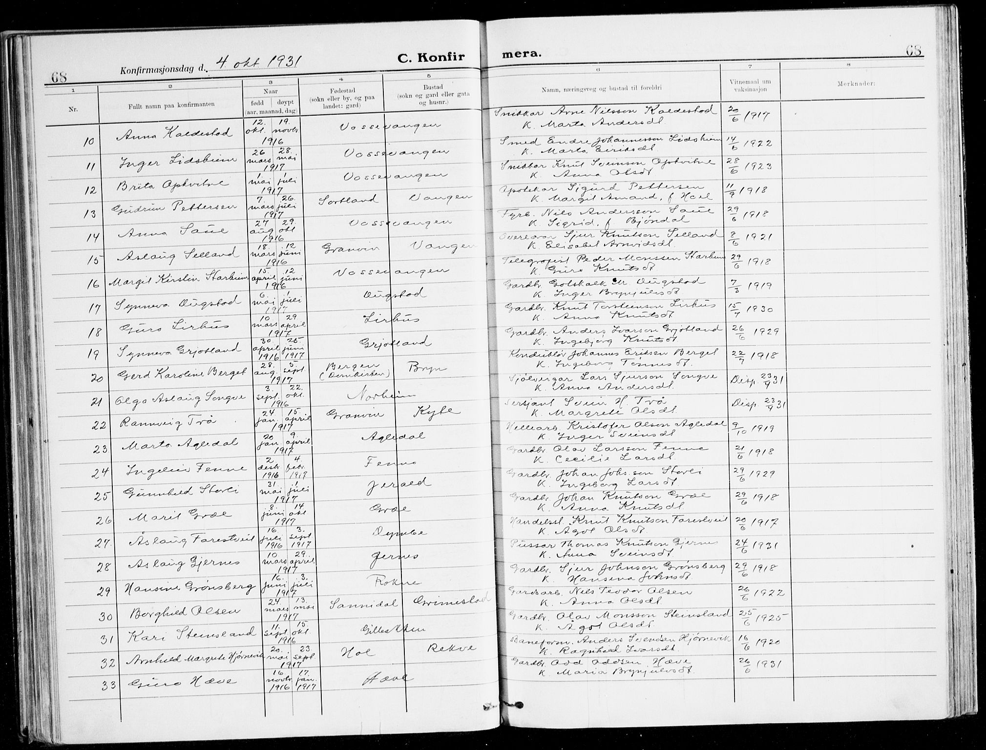 Voss sokneprestembete, SAB/A-79001/H/Haa: Parish register (official) no. B 3, 1922-1942, p. 68