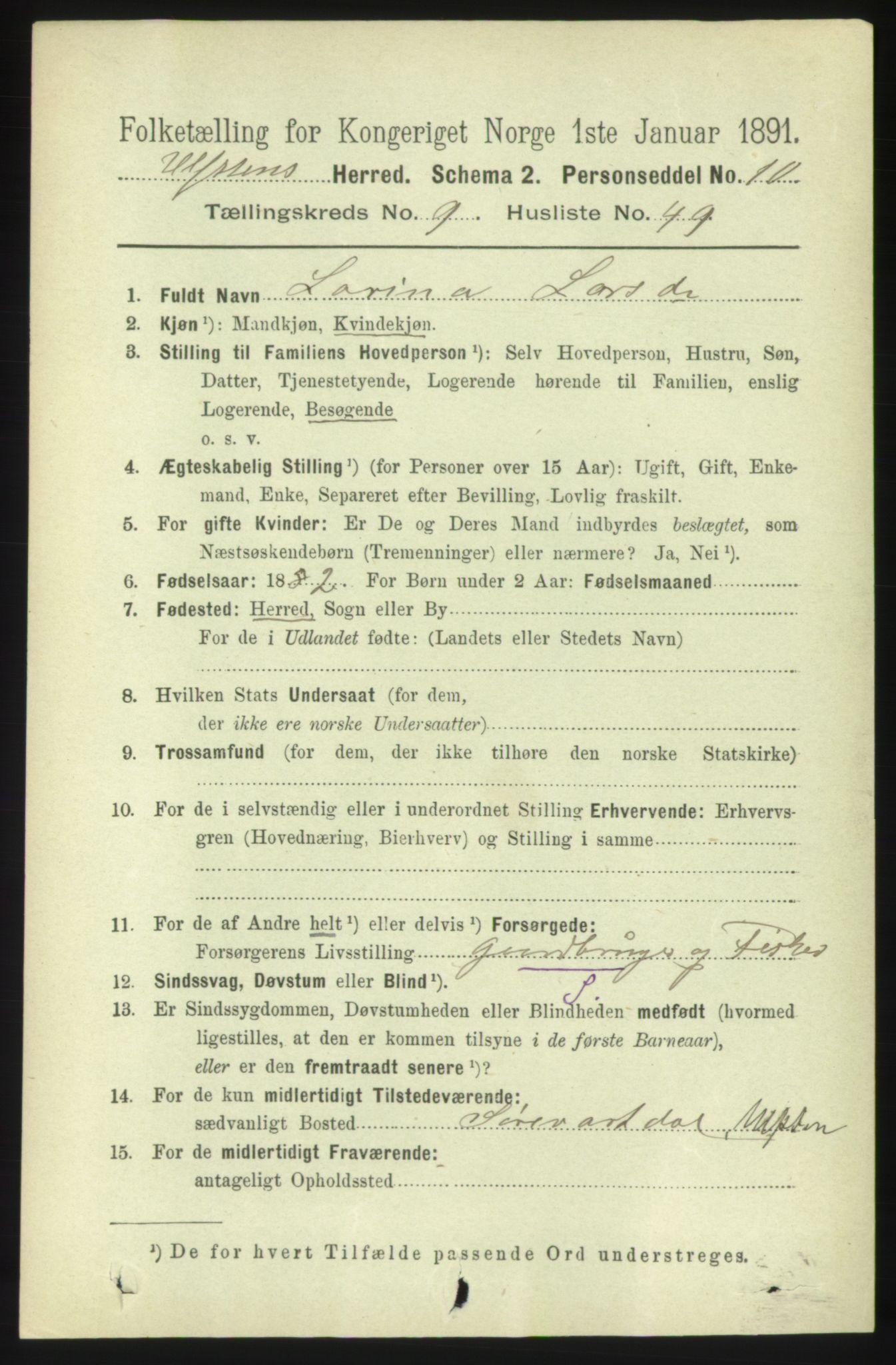 RA, 1891 census for 1516 Ulstein, 1891, p. 3110