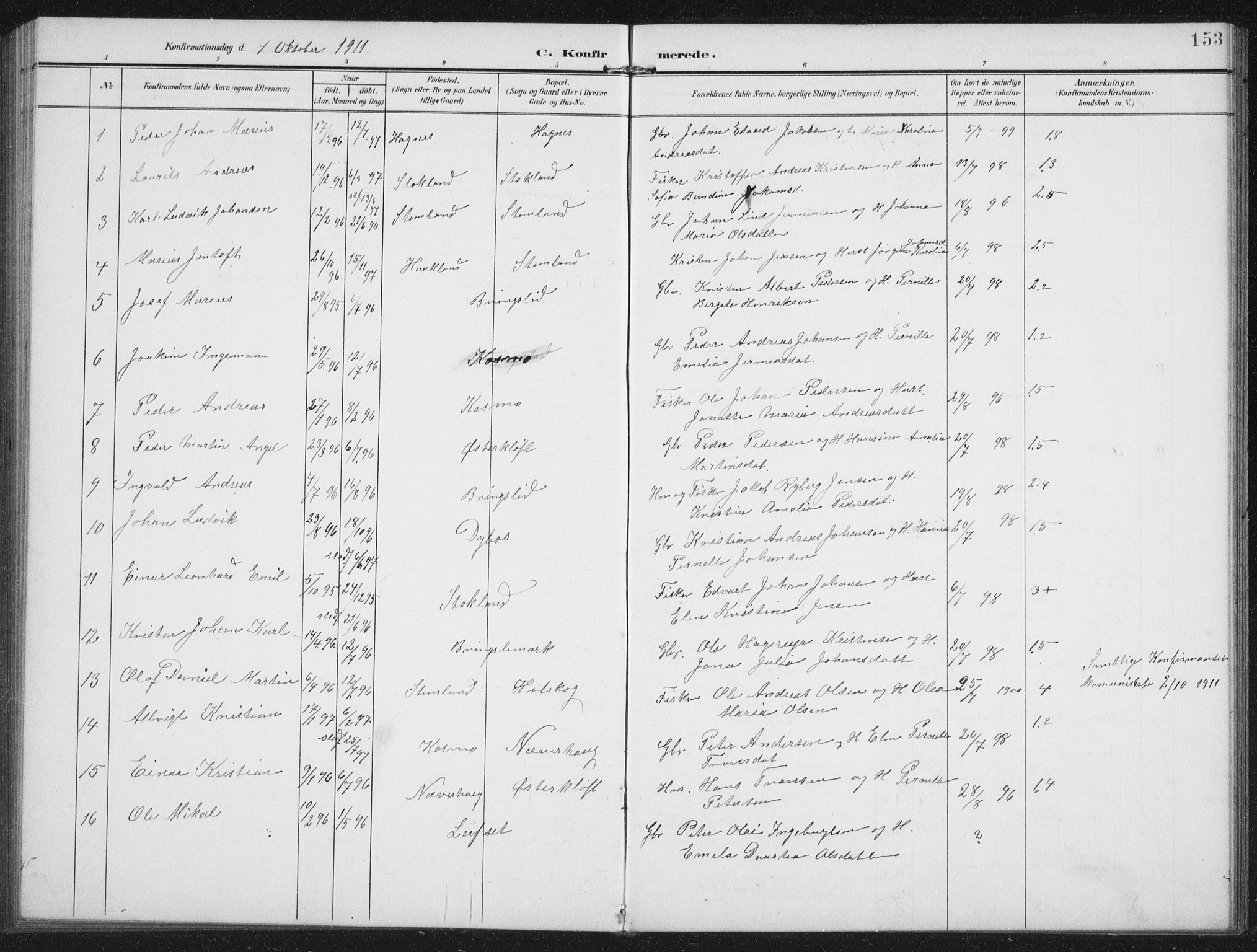 Ministerialprotokoller, klokkerbøker og fødselsregistre - Nordland, AV/SAT-A-1459/851/L0726: Parish register (copy) no. 851C01, 1902-1924, p. 153