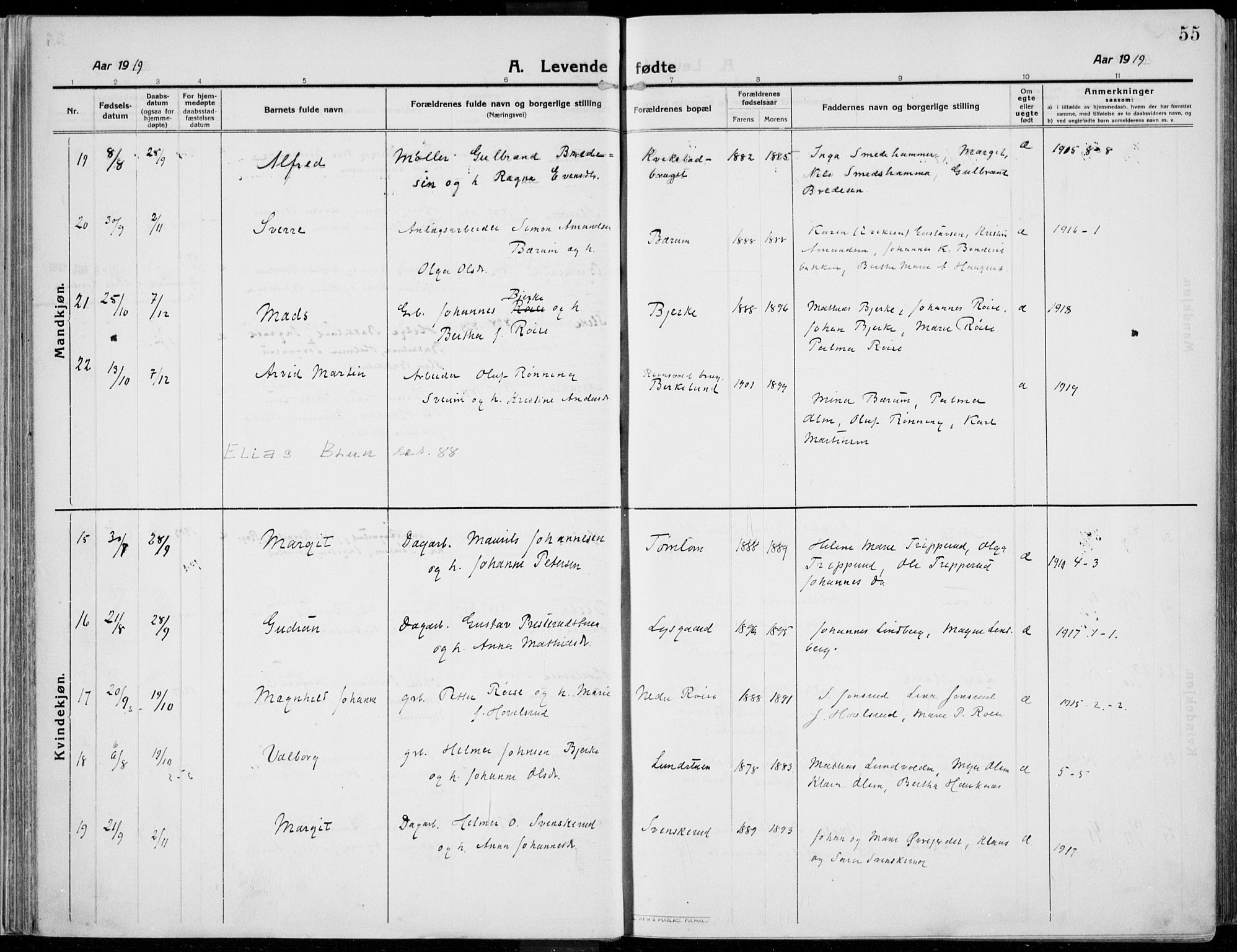 Kolbu prestekontor, AV/SAH-PREST-110/H/Ha/Haa/L0002: Parish register (official) no. 2, 1912-1926, p. 55